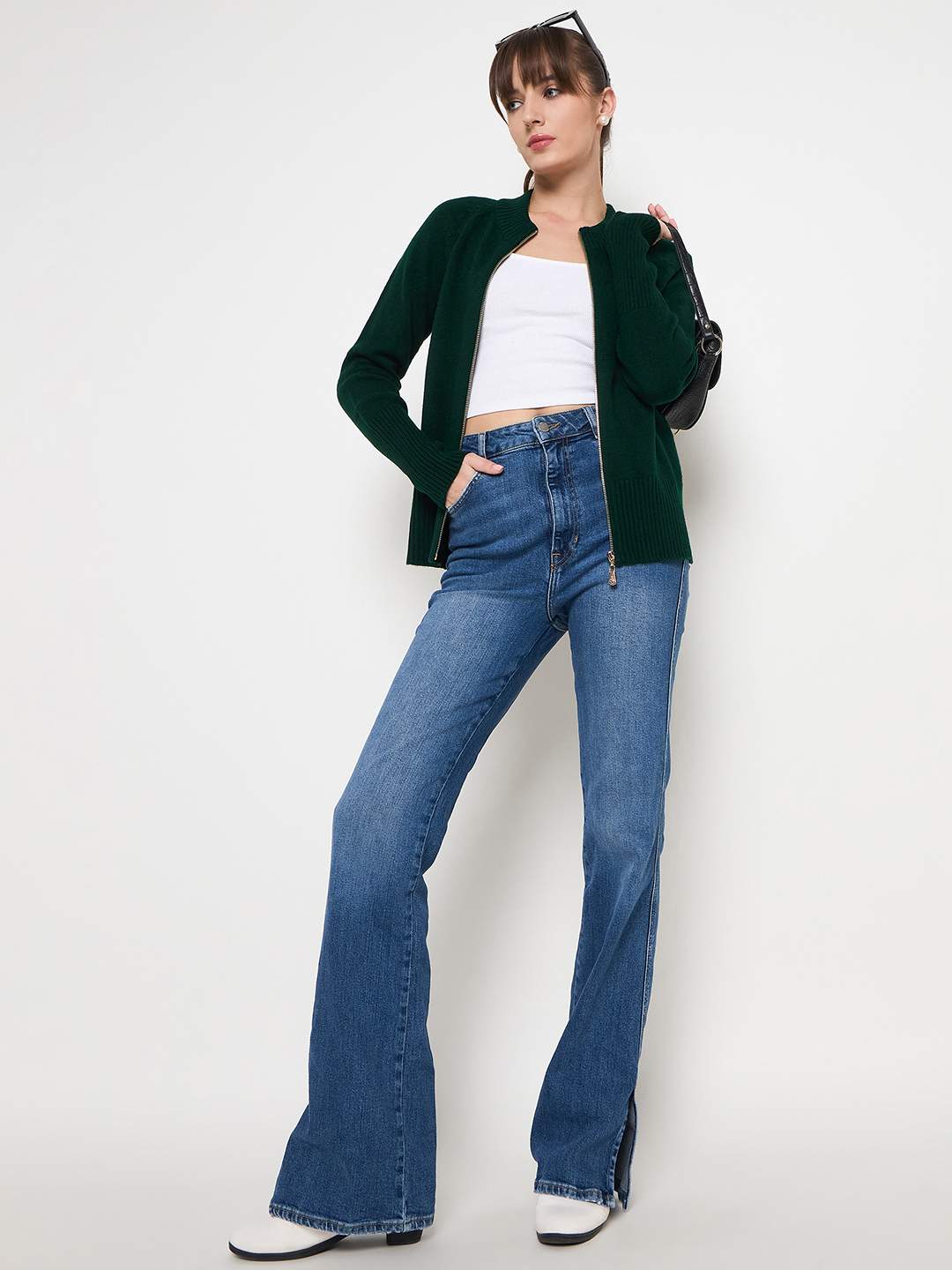 Madame Acrylic Blend Zipped Bottle Green Sweater - Image 3