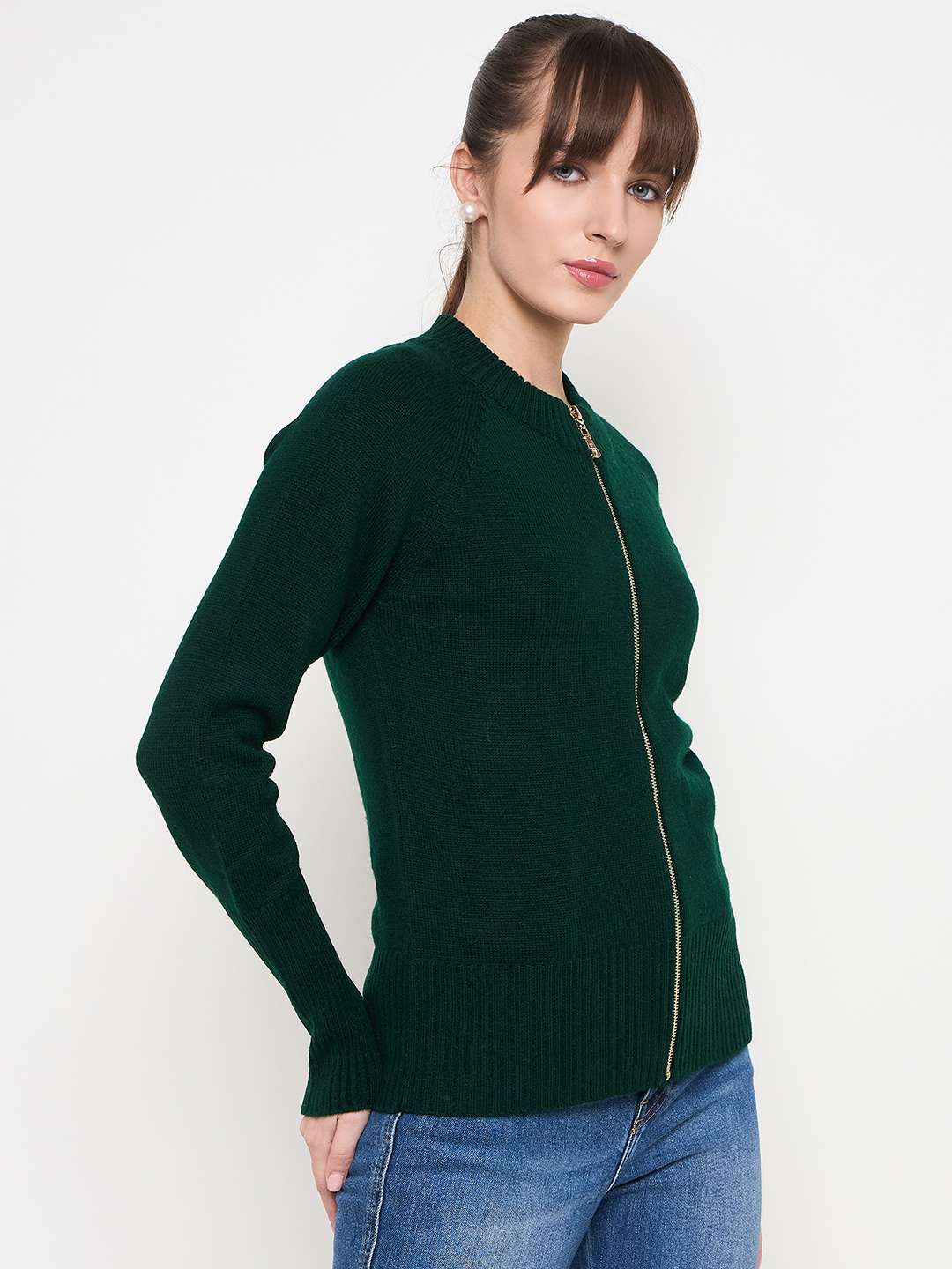 Madame Acrylic Blend Zipped Bottle Green Sweater - Image 4