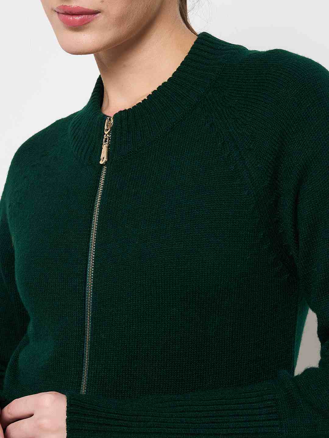 Madame Acrylic Blend Zipped Bottle Green Sweater - Image 7