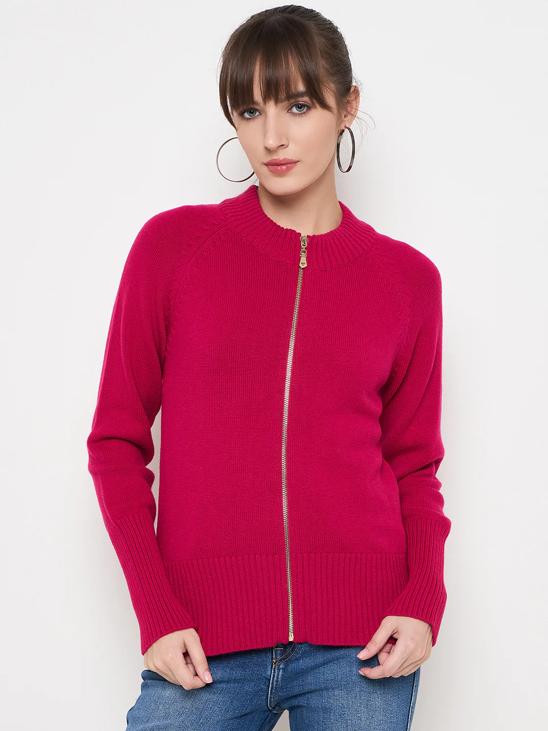 Madame Acrylic Blend Zipped Hot Pink Sweater