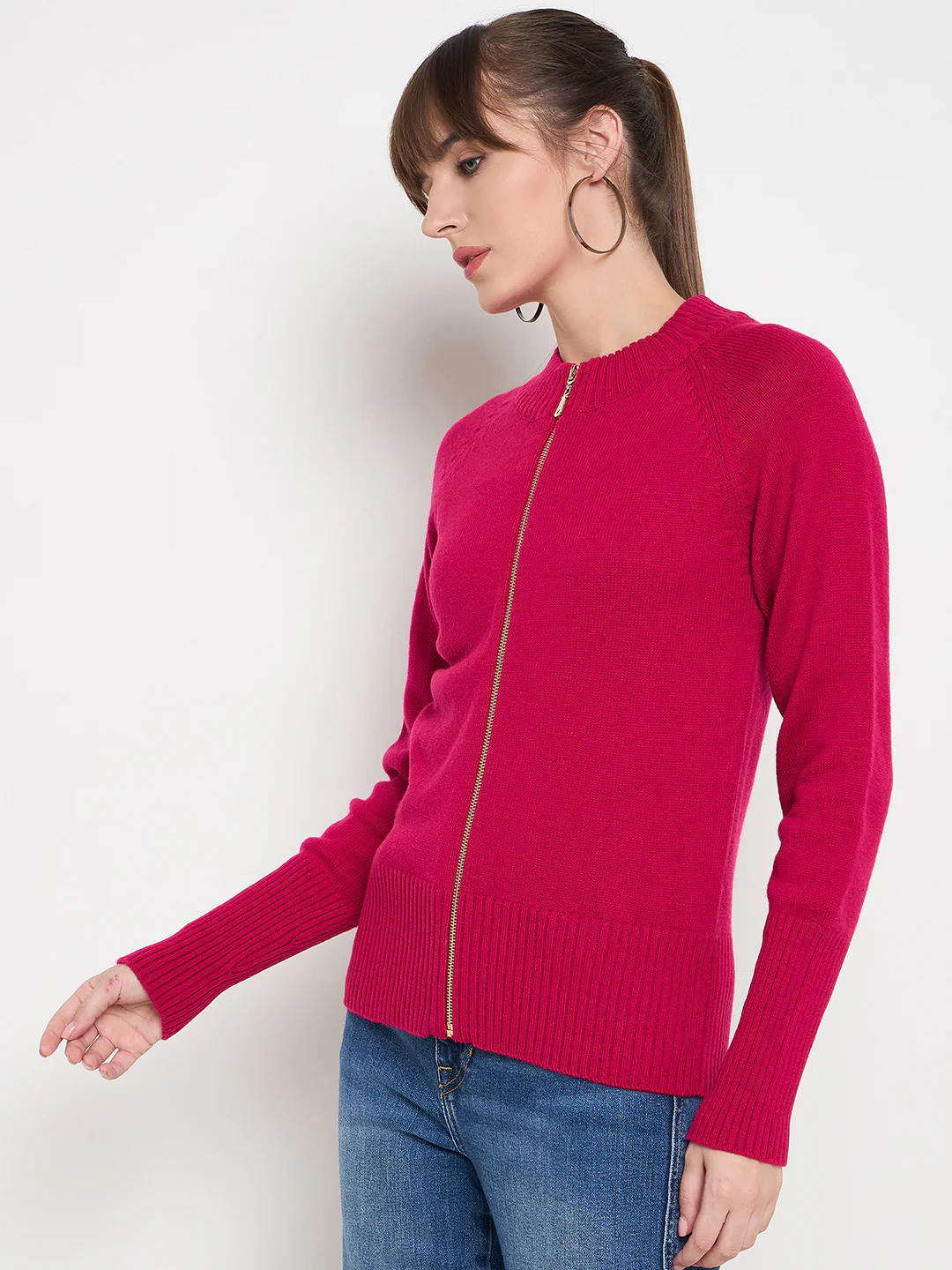 Madame Acrylic Blend Zipped Hot Pink Sweater - Image 2