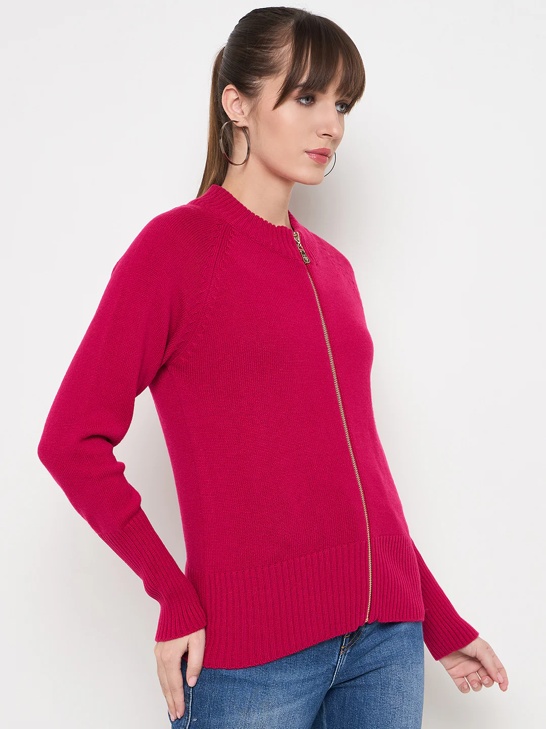 Madame Acrylic Blend Zipped Hot Pink Sweater - Image 3