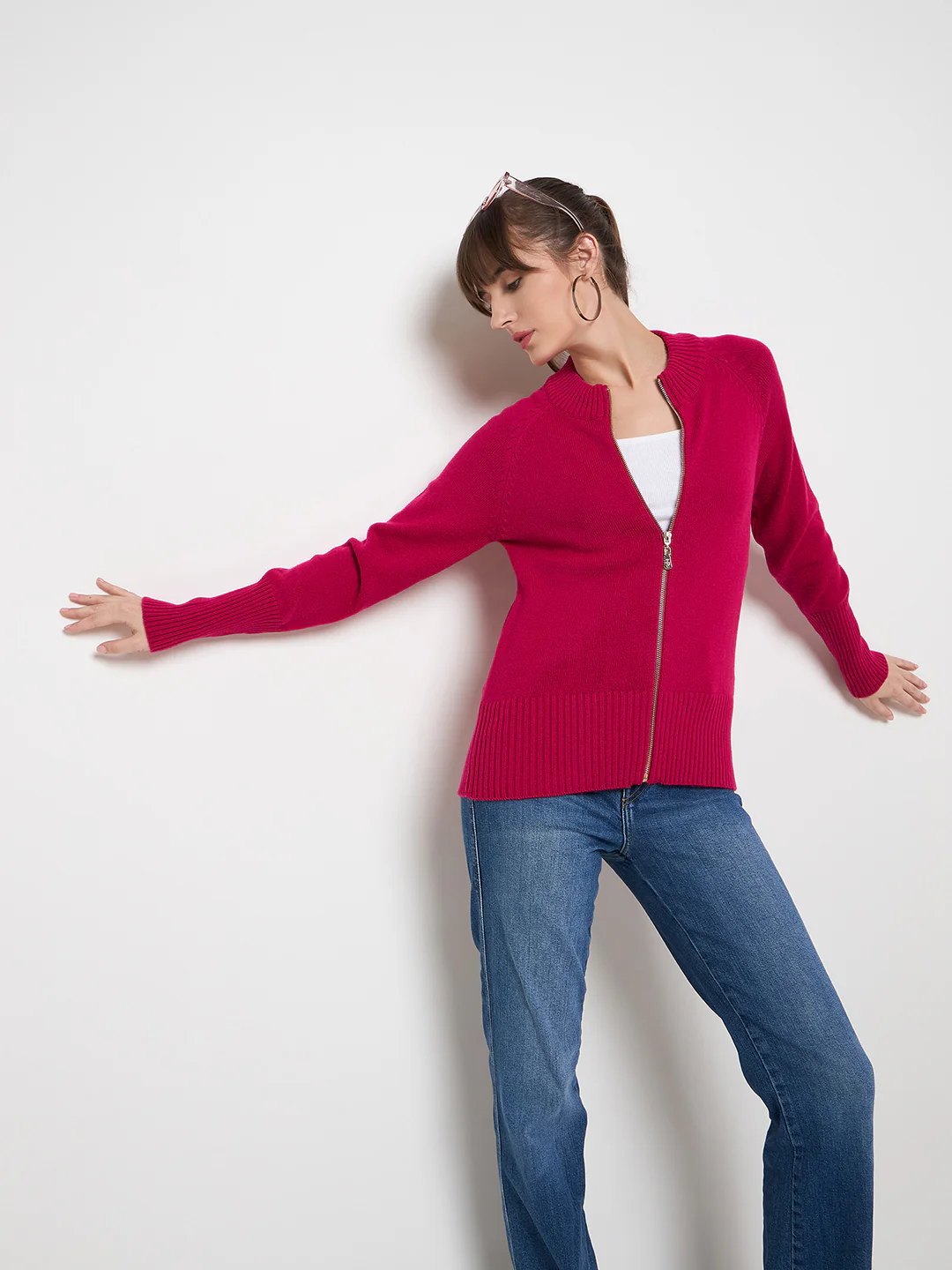 Madame Acrylic Blend Zipped Hot Pink Sweater - Image 6
