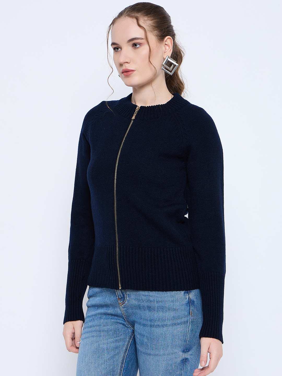Madame Acrylic Blend Zipped Navy Blue Sweater - Image 2