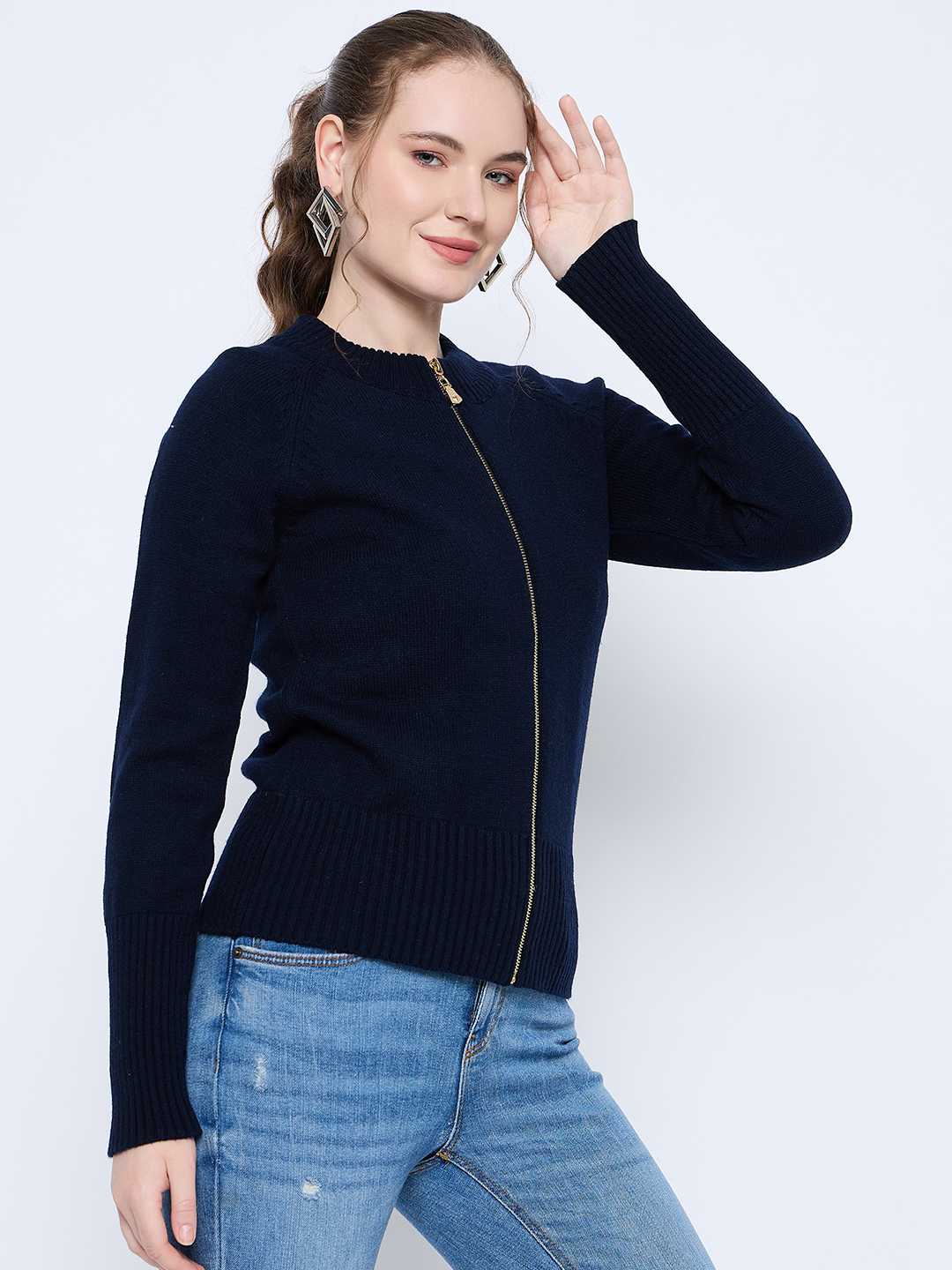 Madame Acrylic Blend Zipped Navy Blue Sweater - Image 3