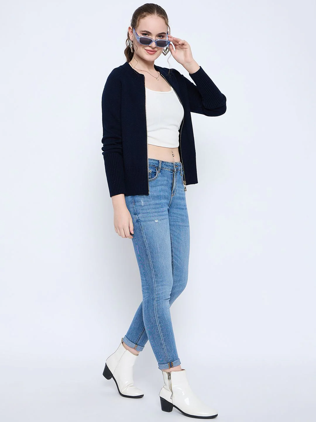 Madame Acrylic Blend Zipped Navy Blue Sweater - Image 5