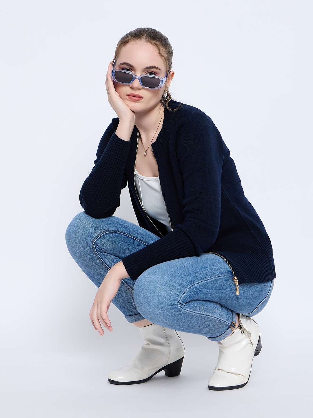 Madame Acrylic Blend Zipped Navy Blue Sweater - Image 6