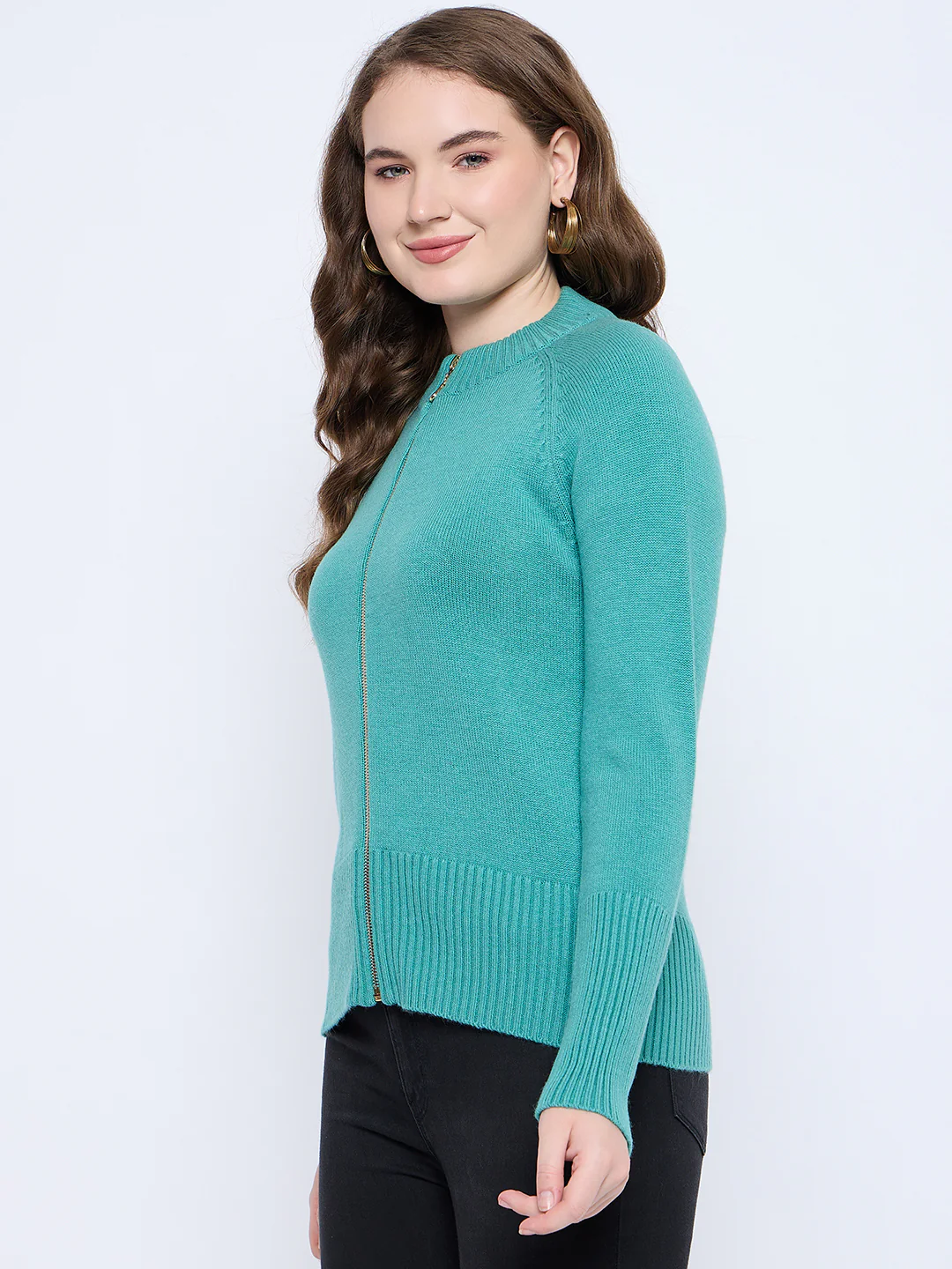 Madame Solid Sea Green Acrylic Zipped Sweater - Image 2