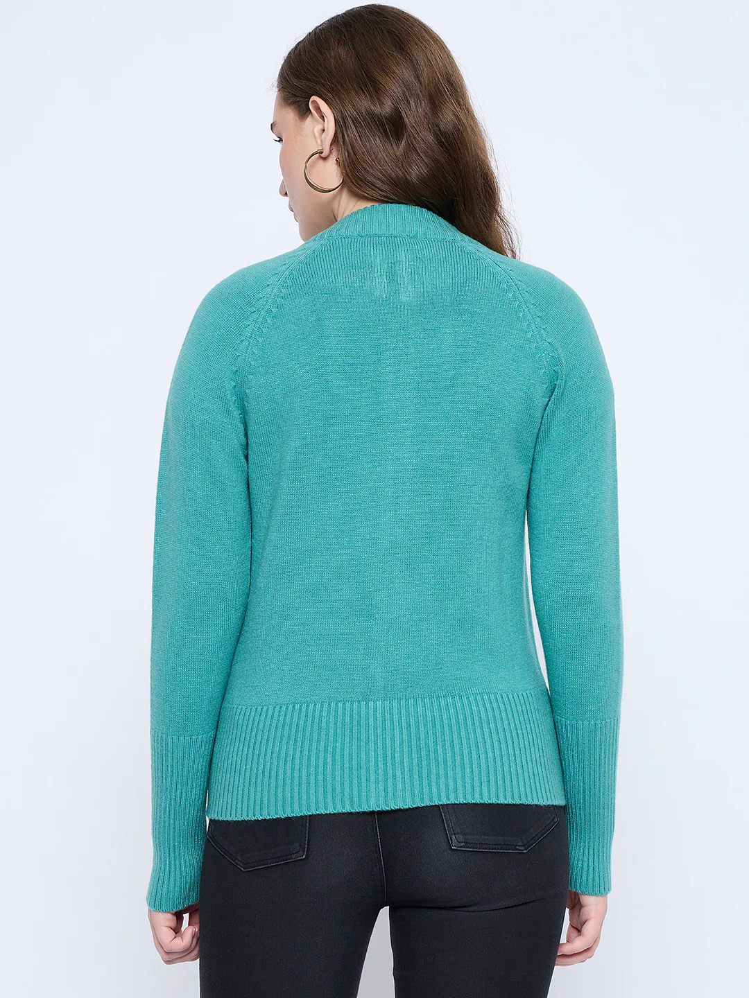 Madame Solid Sea Green Acrylic Zipped Sweater - Image 4