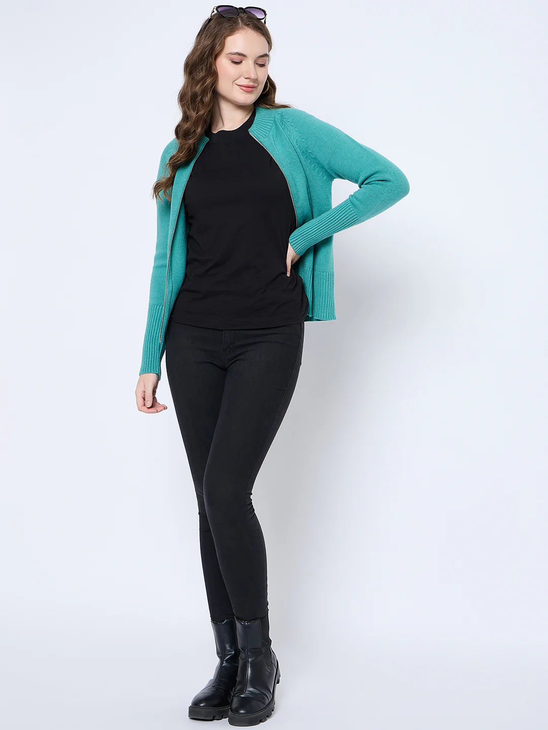 Madame Solid Sea Green Acrylic Zipped Sweater - Image 5