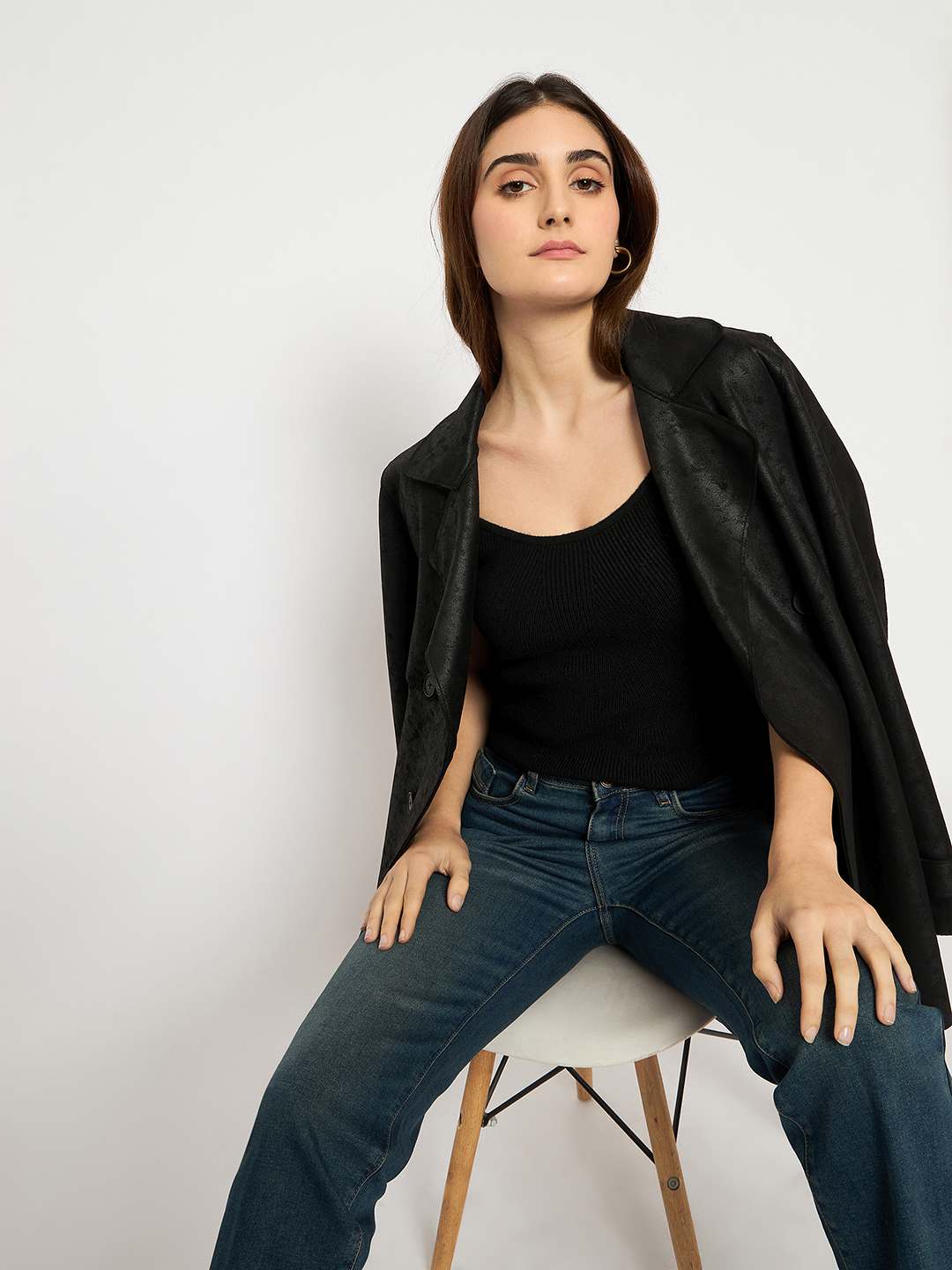 Madame Sleeveless Solid Black Ribbed Knit Sweater - Image 2