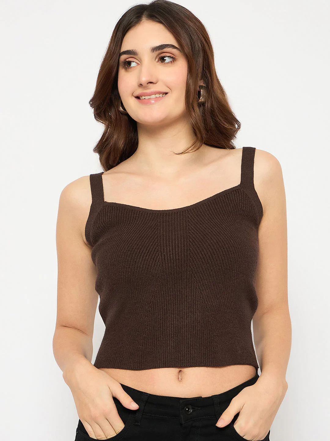 Madame Sleeveless Solid Coffee Brown Ribbed Knit Sweater - Image 3