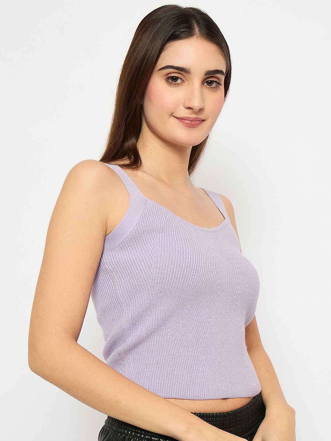 Madame Sleeveless Solid Mauve Ribbed Knit Sweater - Image 3
