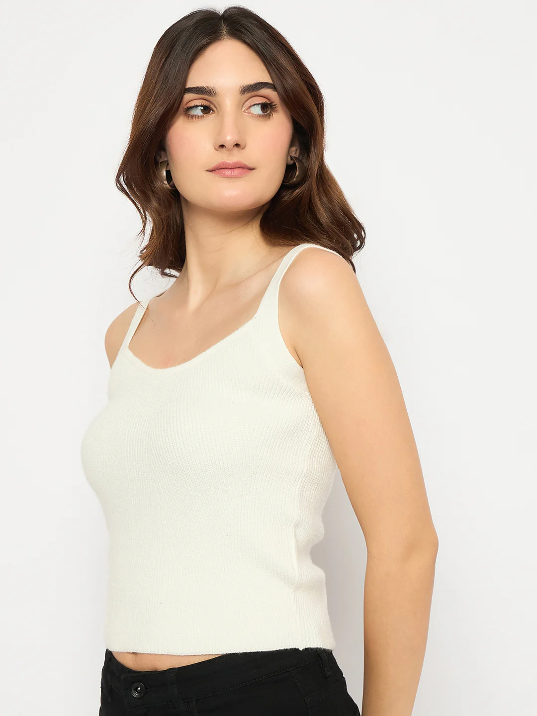 Madame Sleeveless Solid White Ribbed Knit Sweater - Image 2