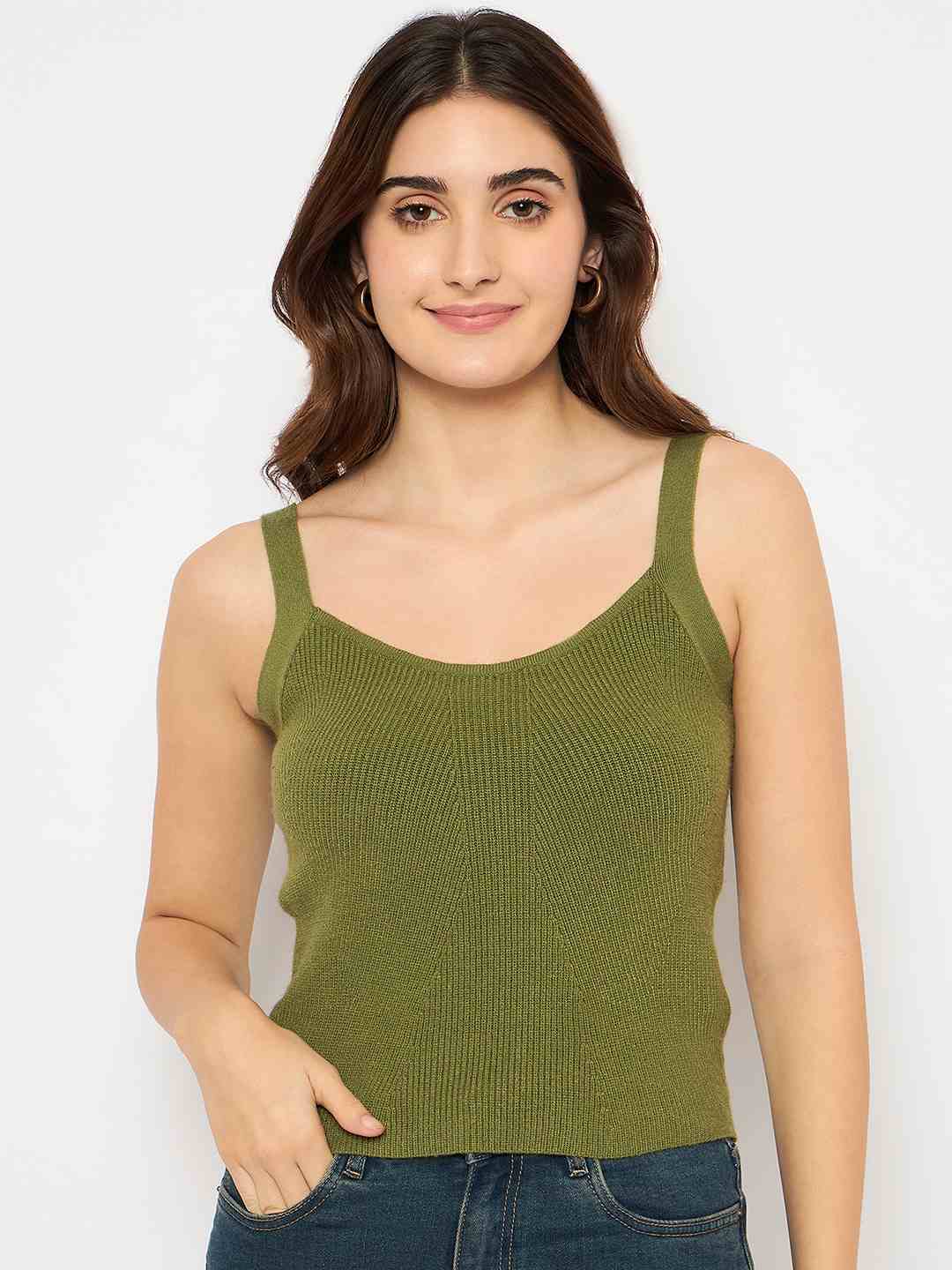 Madame Sleeveless Solid Olive Green Ribbed Knit Sweater