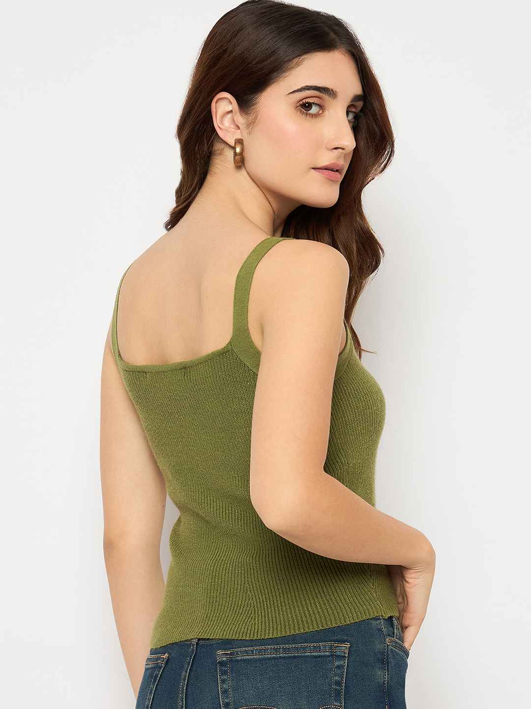 Madame Sleeveless Solid Olive Green Ribbed Knit Sweater - Image 6