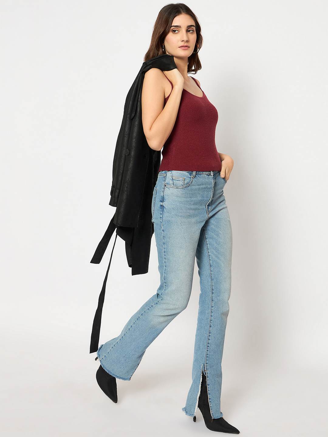 Madame Sleeveless Solid Red Ribbed Knit Sweater - Image 2