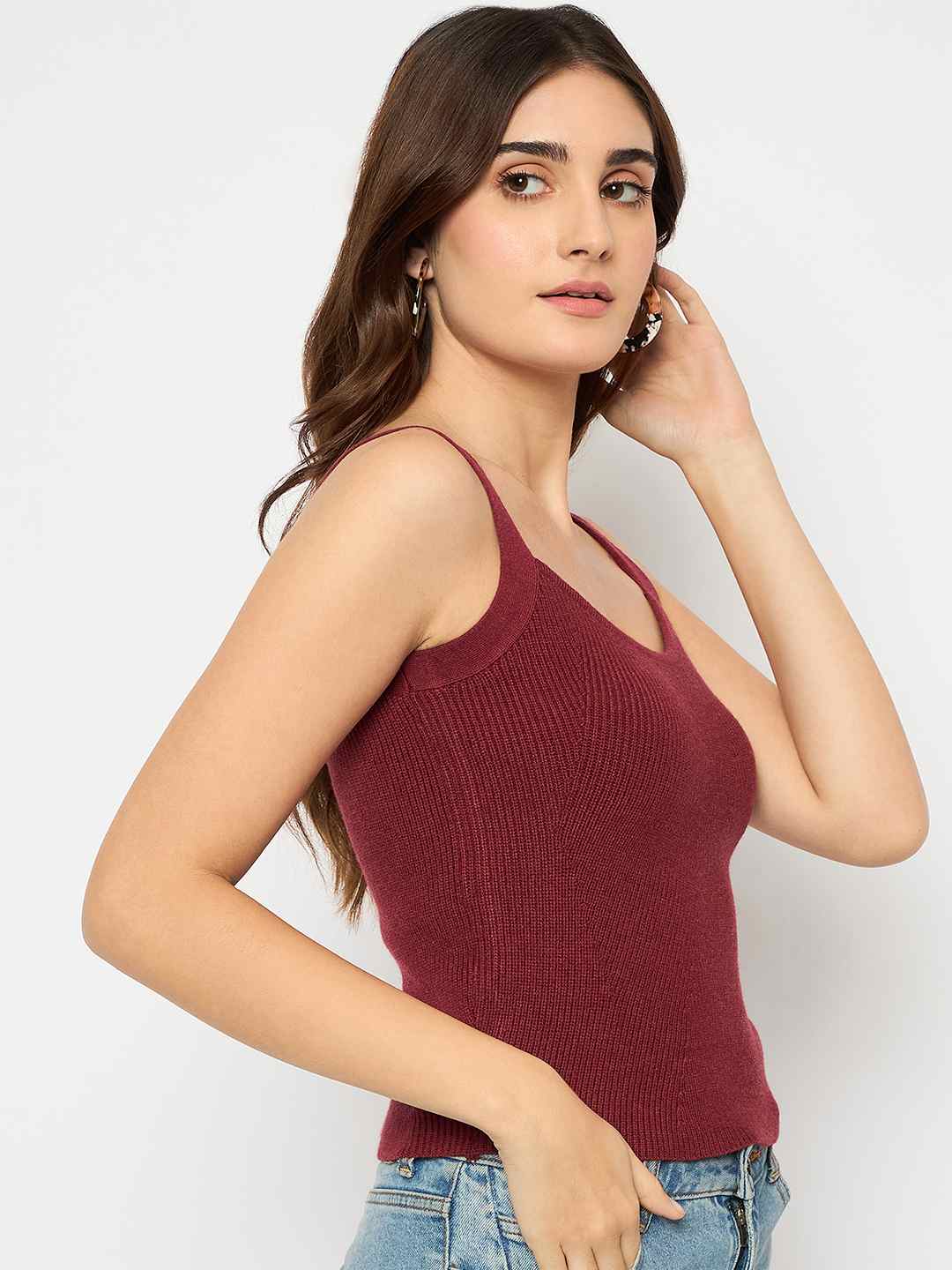 Madame Sleeveless Solid Red Ribbed Knit Sweater - Image 4