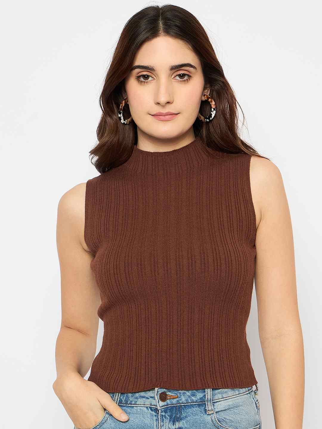 Madame Mock Neck Brown Sleeveless Sweater - Image 3