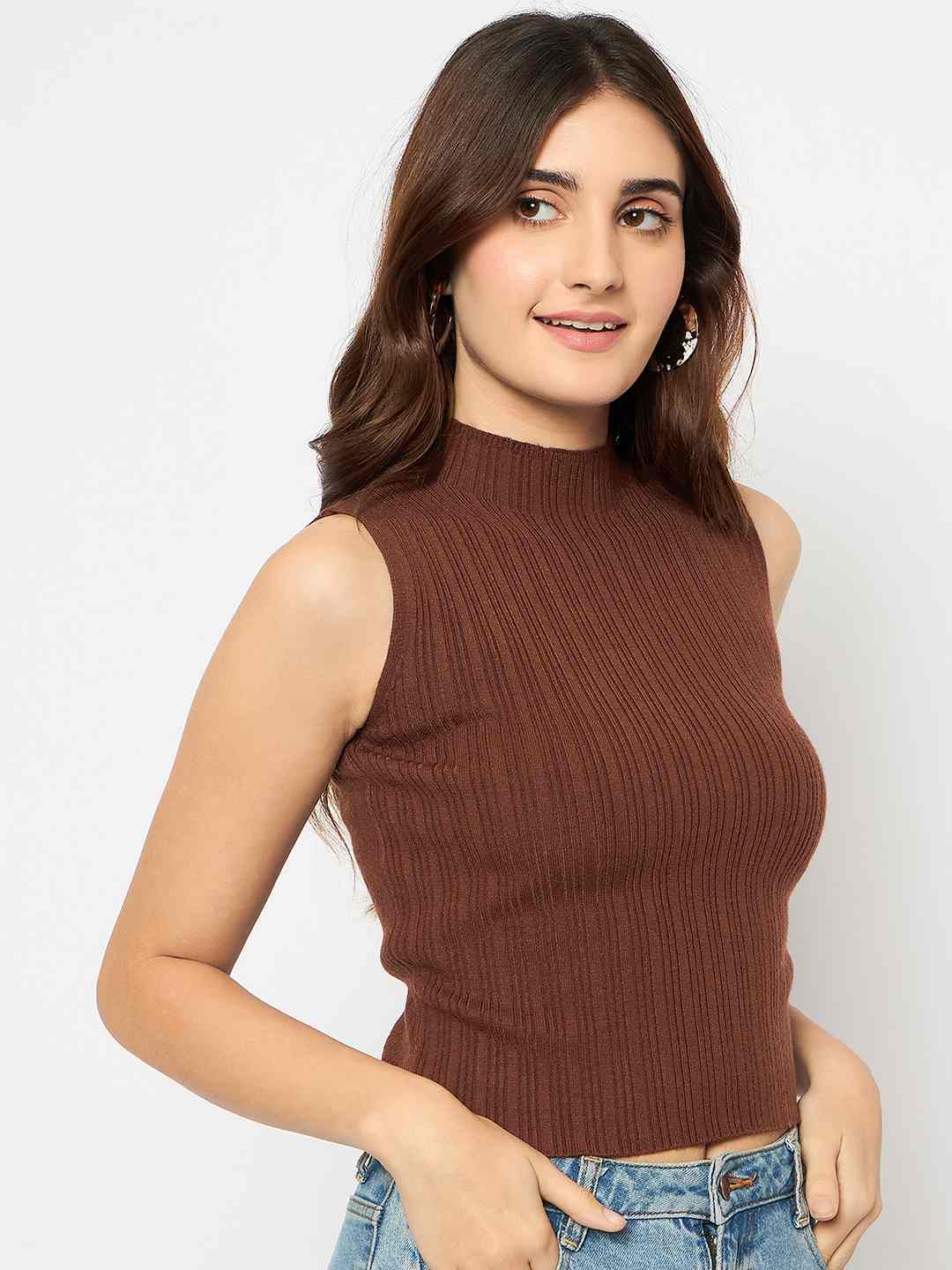 Madame Mock Neck Brown Sleeveless Sweater - Image 4