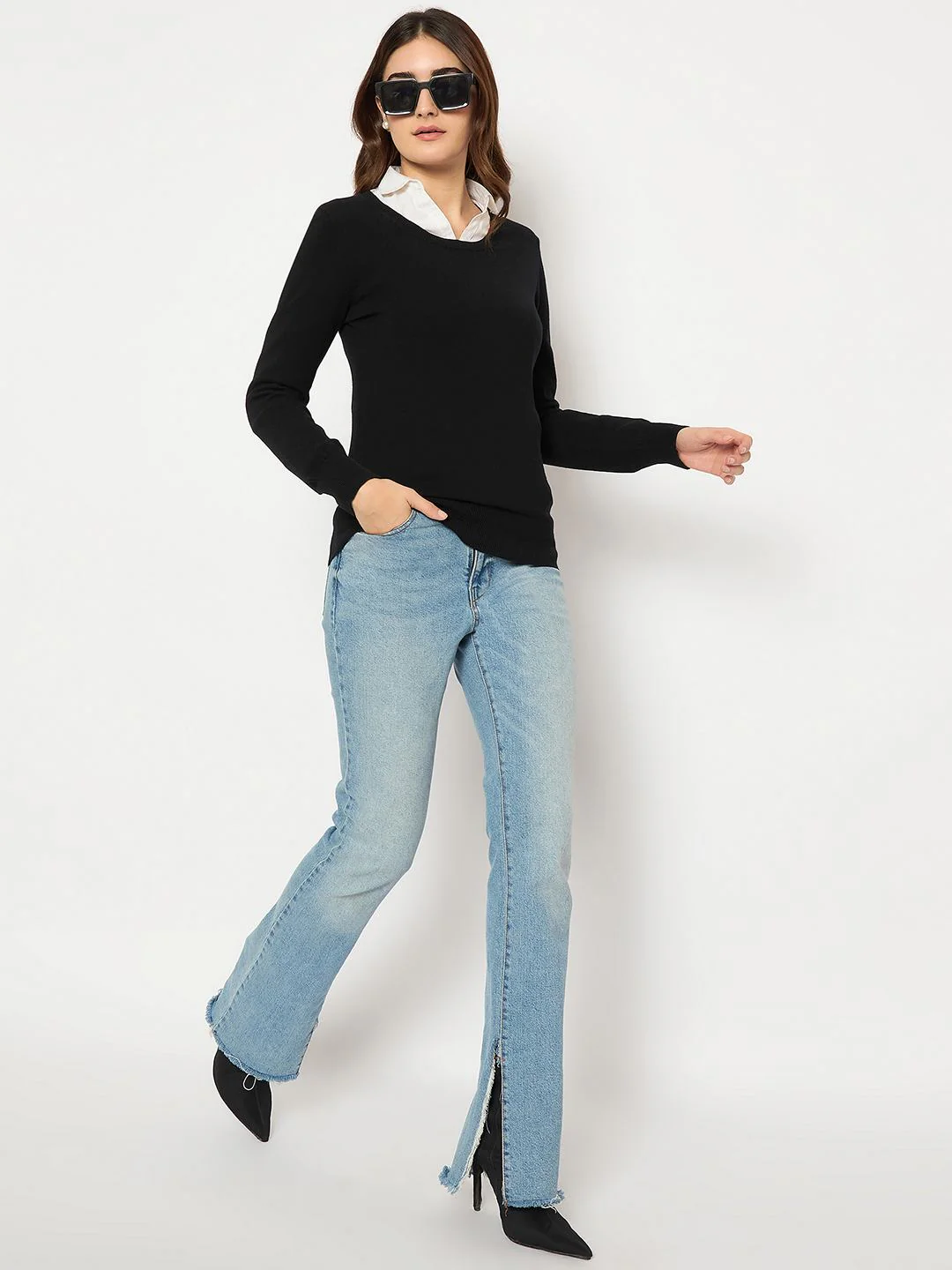 Madame Round Neck Ribbed Cuff Black Sweater - Image 2