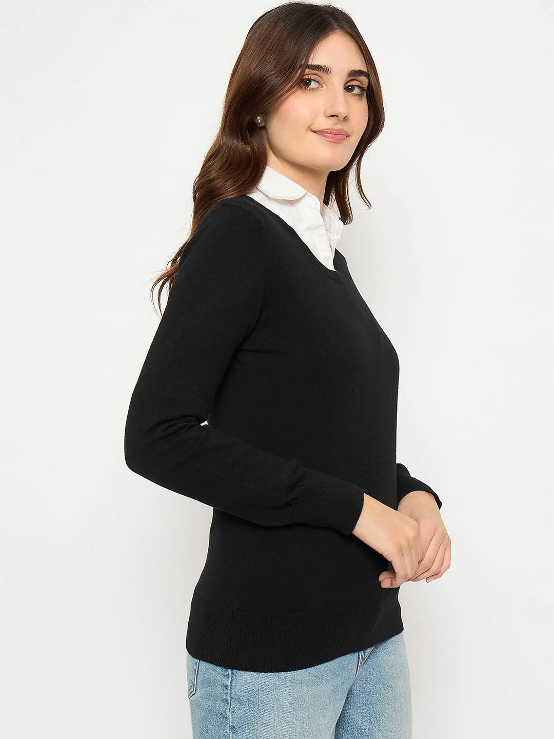 Madame Round Neck Ribbed Cuff Black Sweater - Image 4