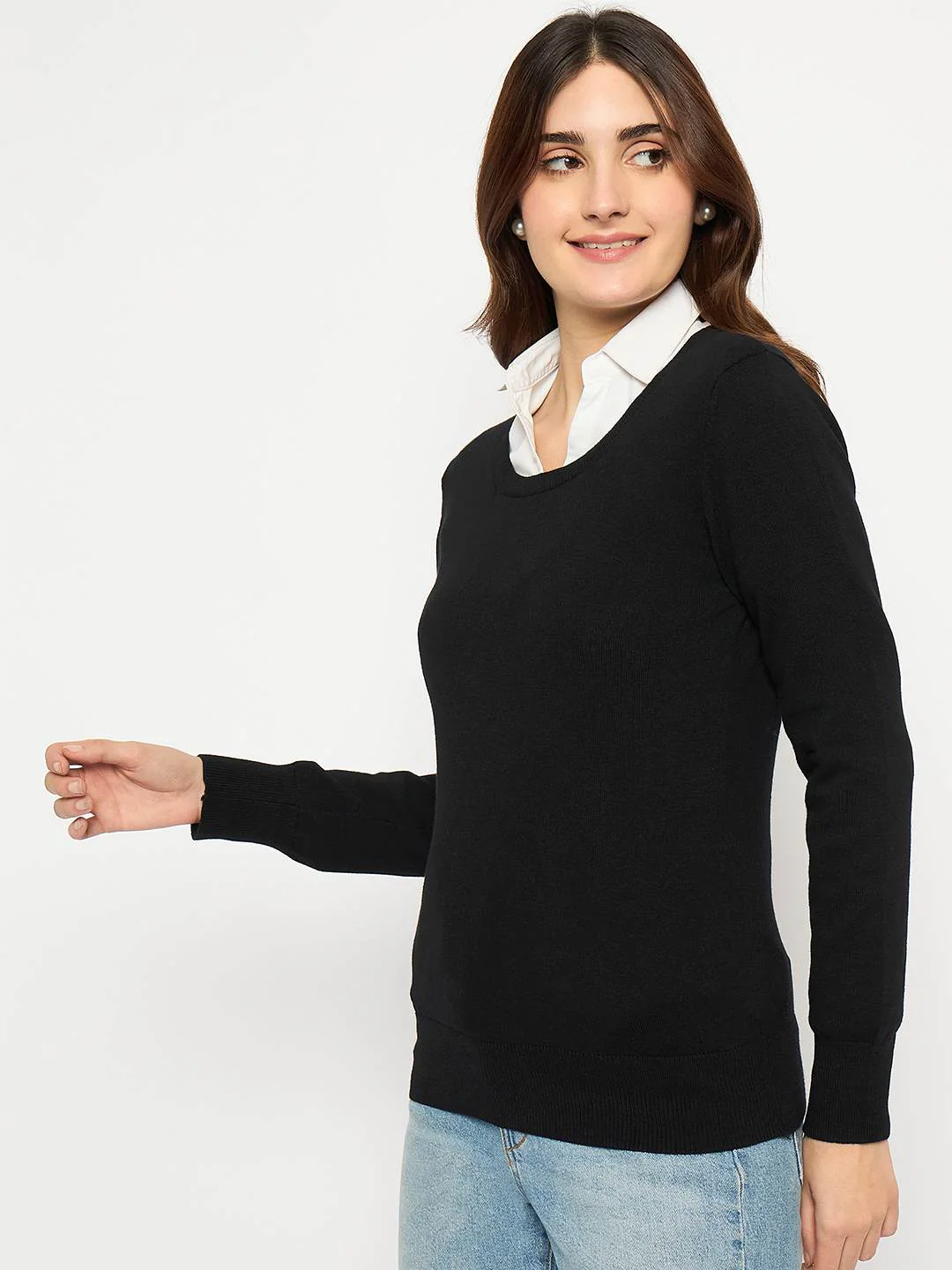 Madame Round Neck Ribbed Cuff Black Sweater - Image 5
