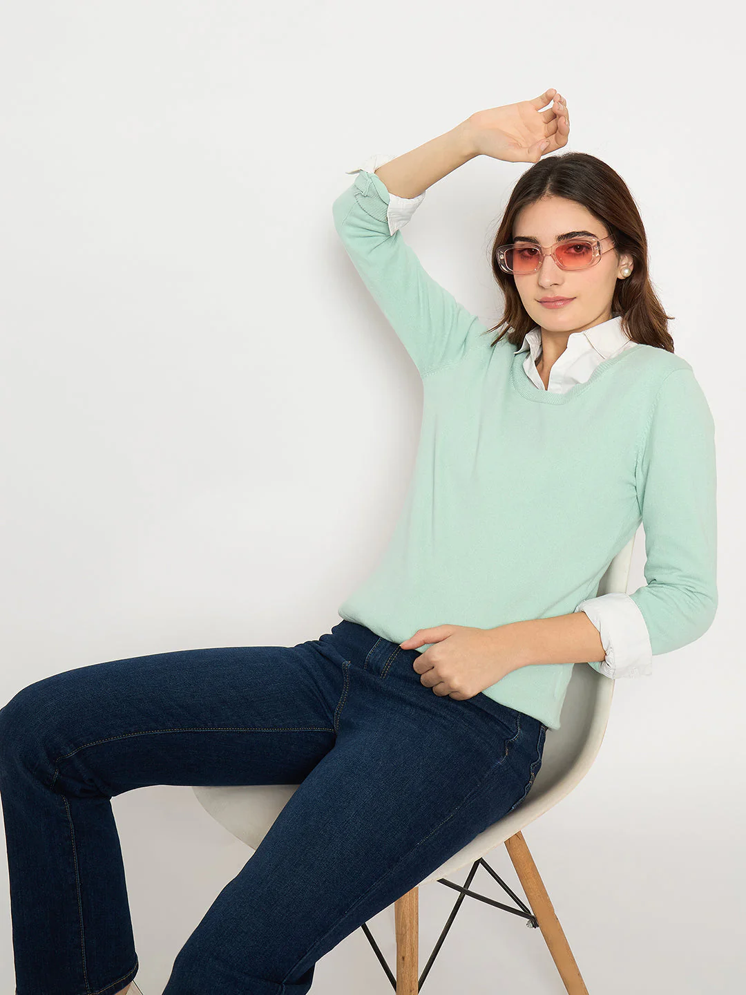 Madame Round Neck Ribbed Cuff Mint Green Sweater - Image 2