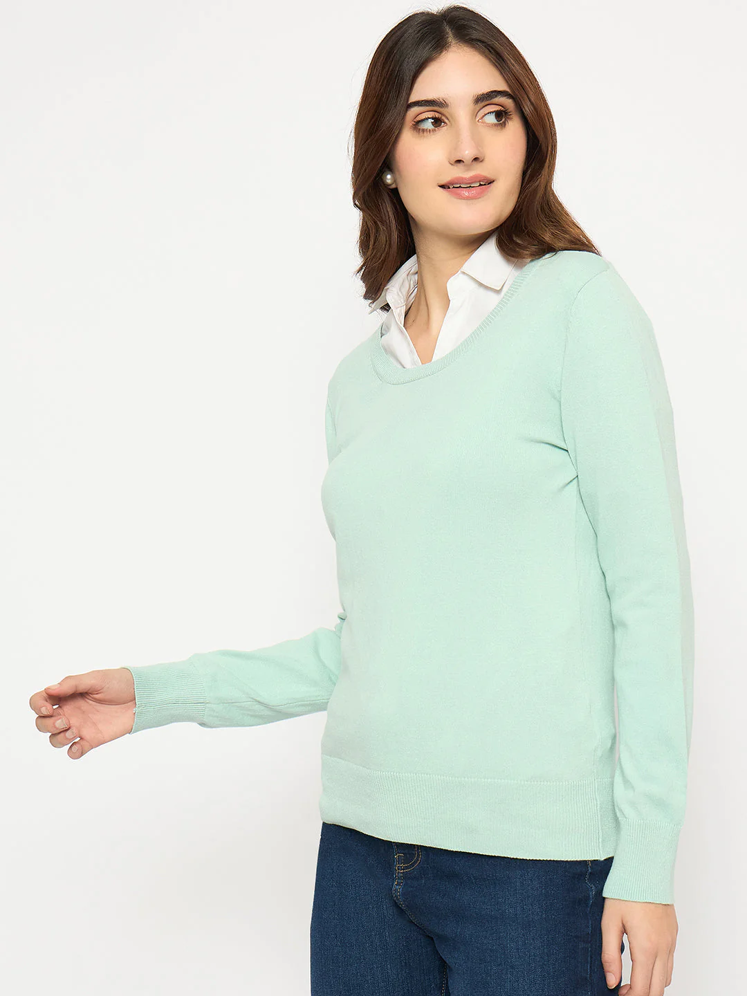 Madame Round Neck Ribbed Cuff Mint Green Sweater - Image 5