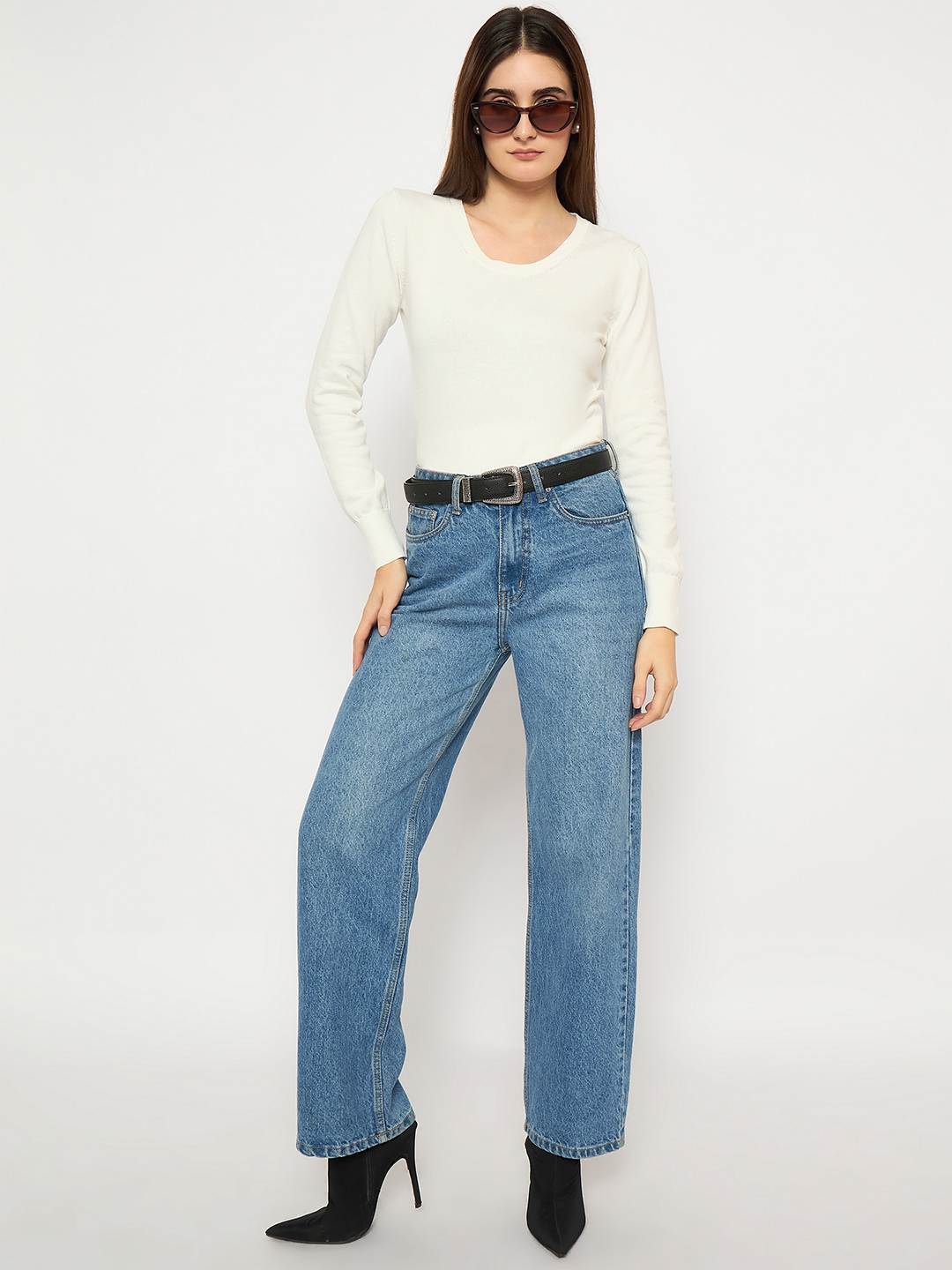 Madame Round Neck Ribbed Cuff Off White Sweater - Image 2