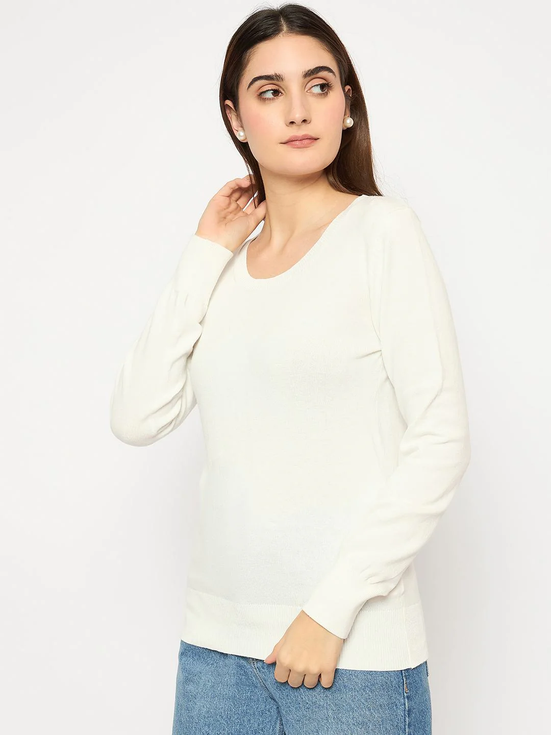 Madame Round Neck Ribbed Cuff Off White Sweater - Image 5