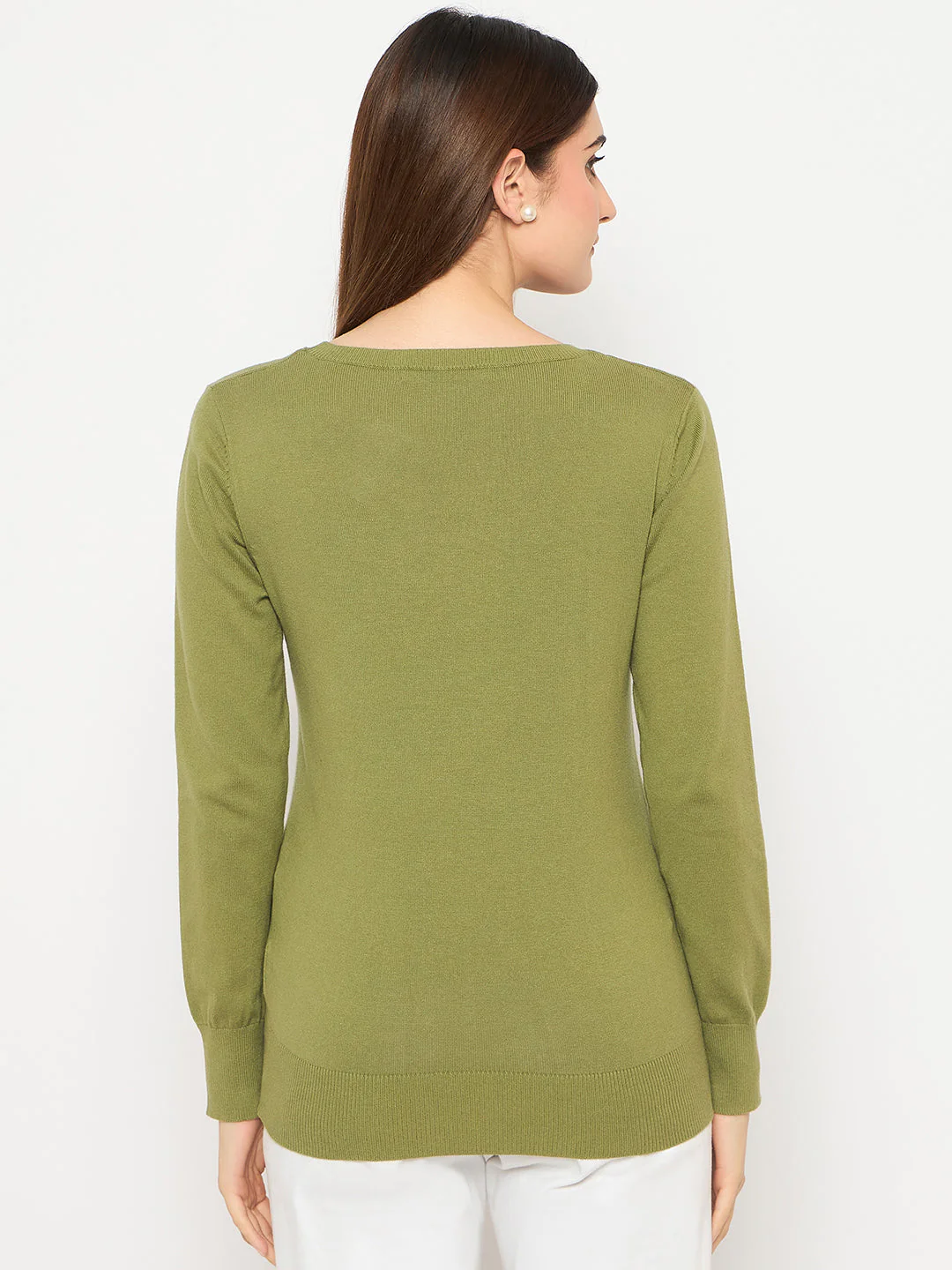 Madame Round Neck Ribbed Cuff Olive Sweater - Image 6