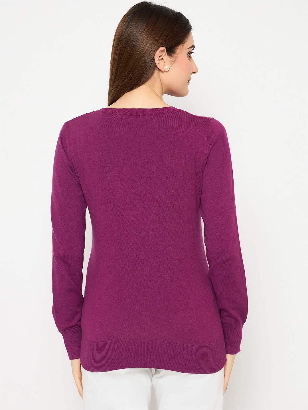 Madame Round Neck Ribbed Cuff Purple Sweater - Image 6