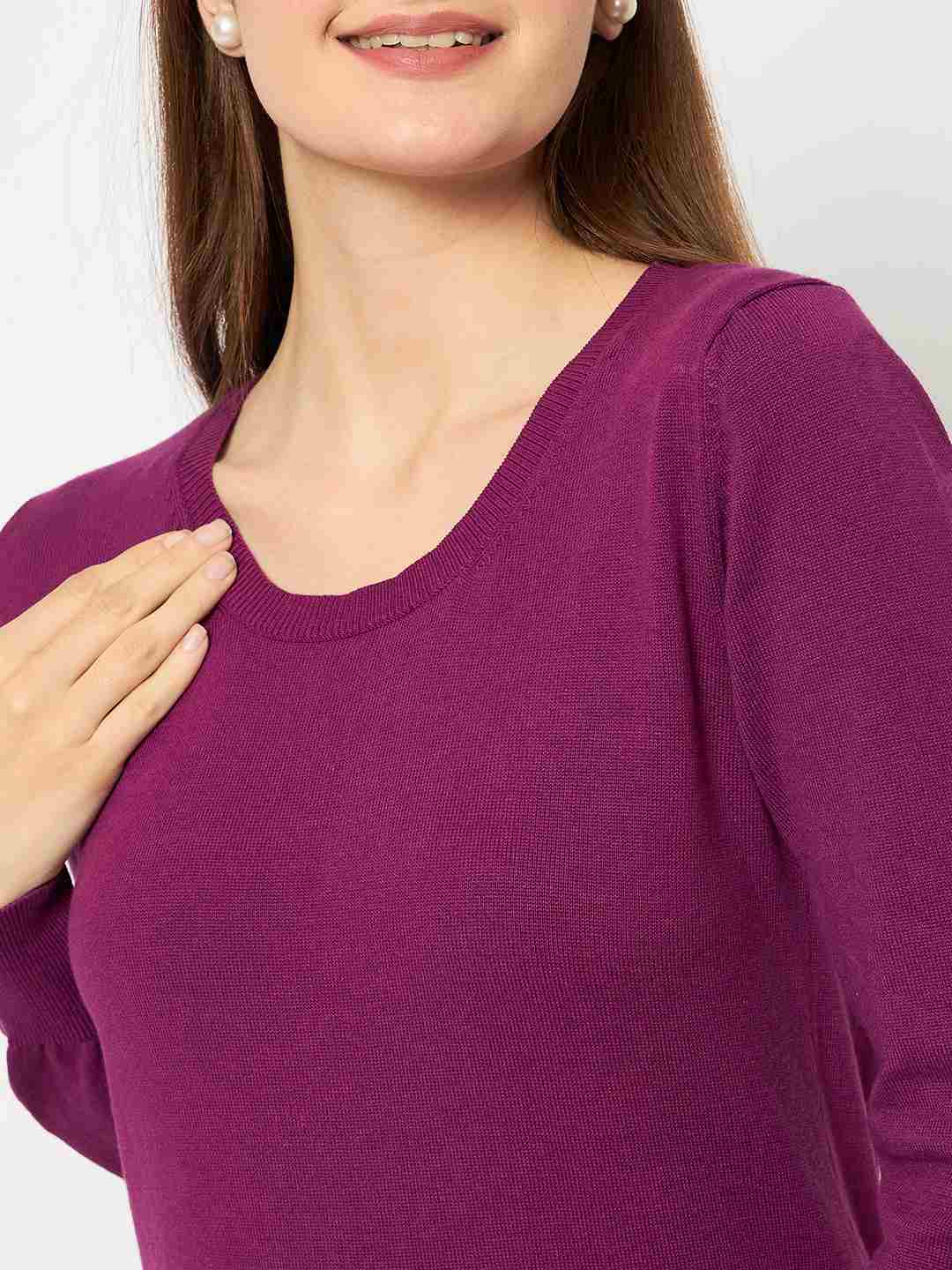Madame Round Neck Ribbed Cuff Purple Sweater - Image 7