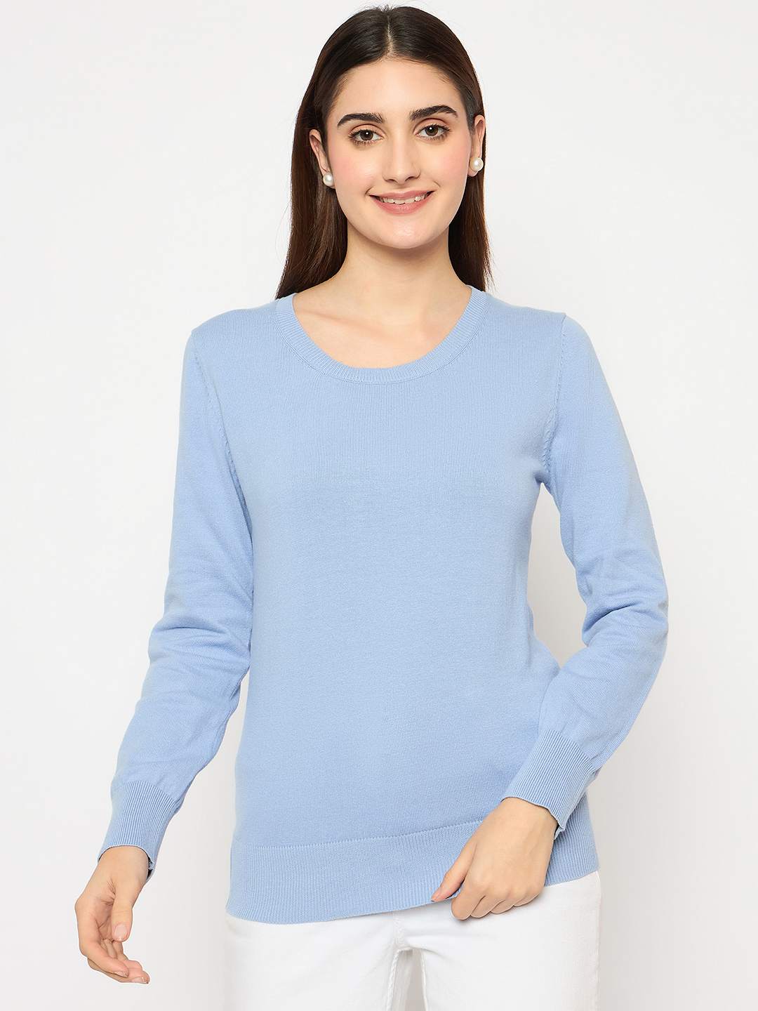 Madame Round Neck Ribbed Cuff Sky Blue Sweater - Image 3