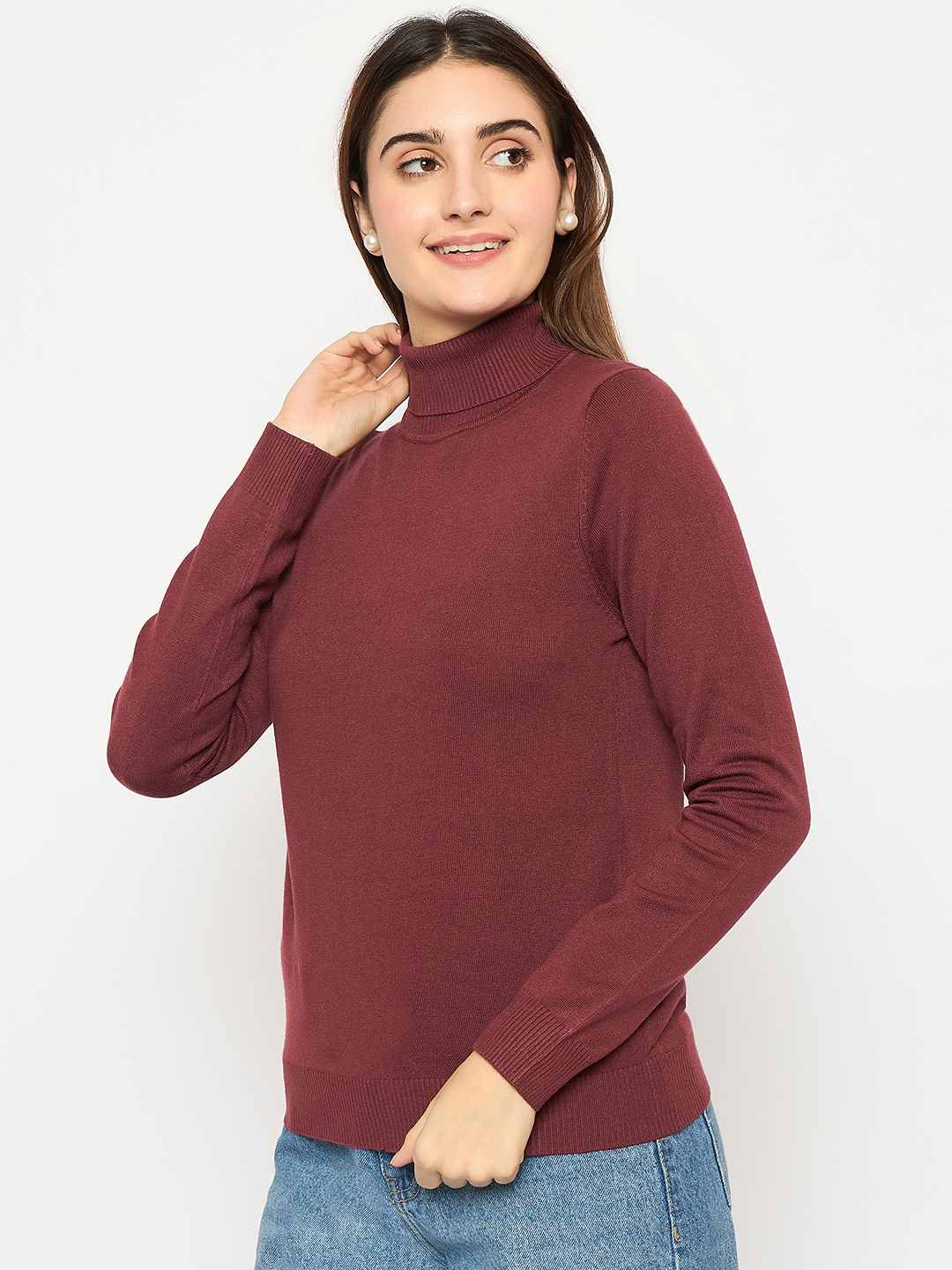 Madame Turtle Neck Ribbed Cuff Wine Red Sweater - Image 5