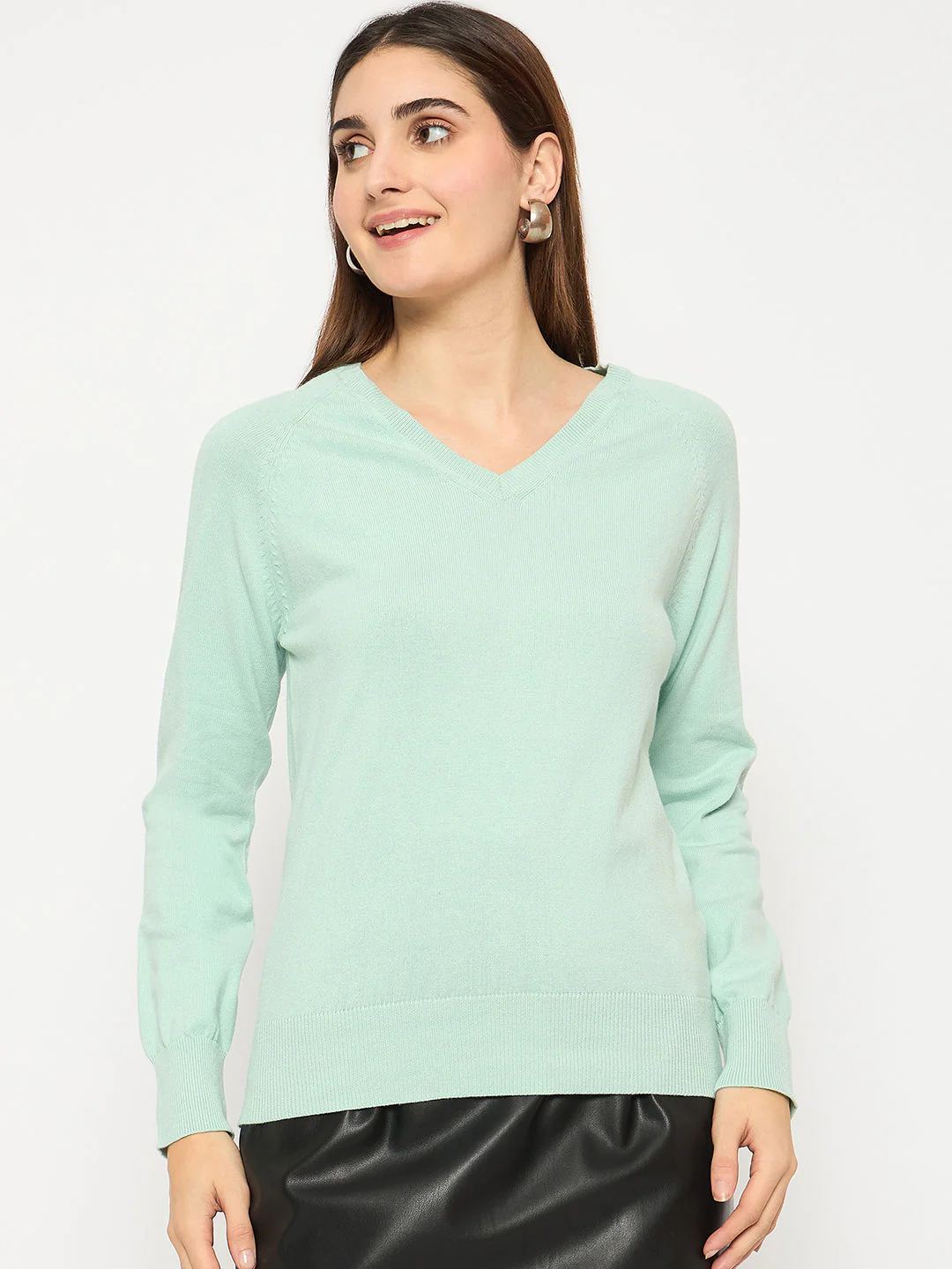 Madame V Neck Skinny Fit Mint Green Sweater - Image 3