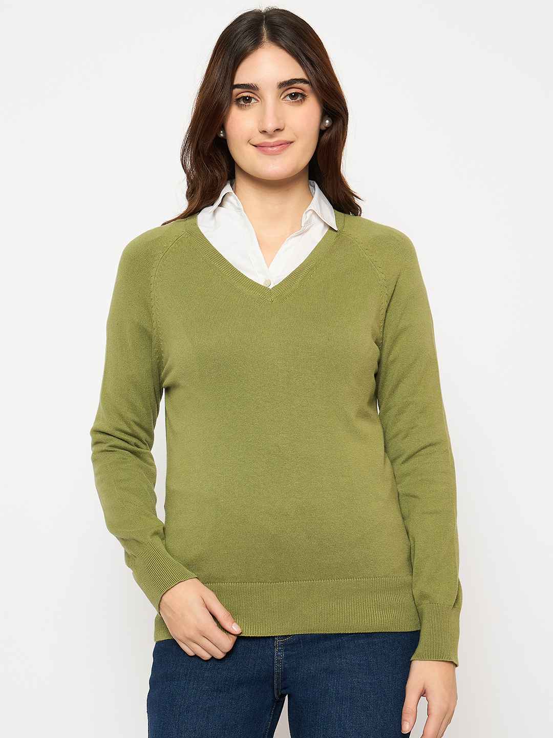 Madame V Neck Skinny Fit Olive Sweater - Image 3