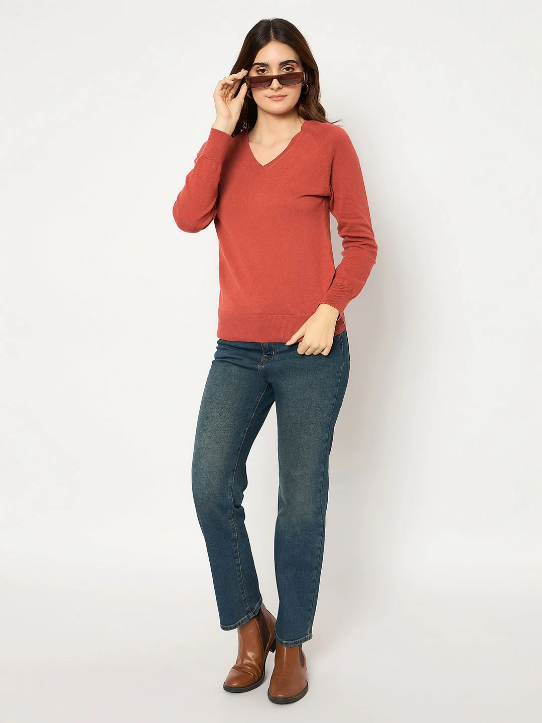 Madame V Neck Skinny Fit Rust Red Sweater - Image 2