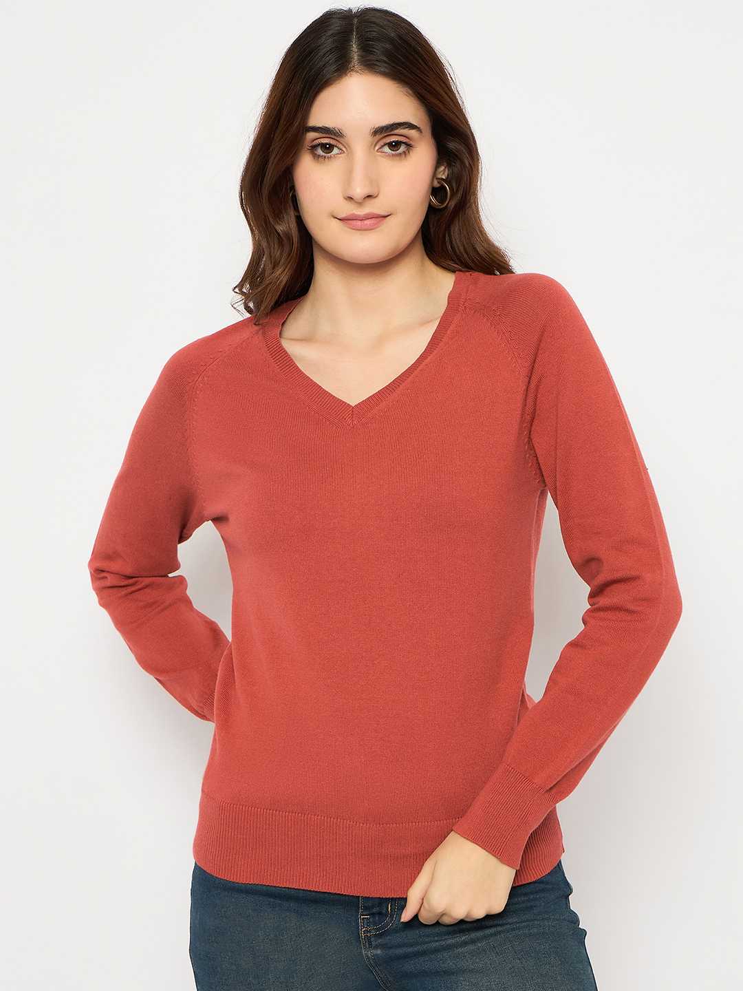 Madame V Neck Skinny Fit Rust Red Sweater - Image 3