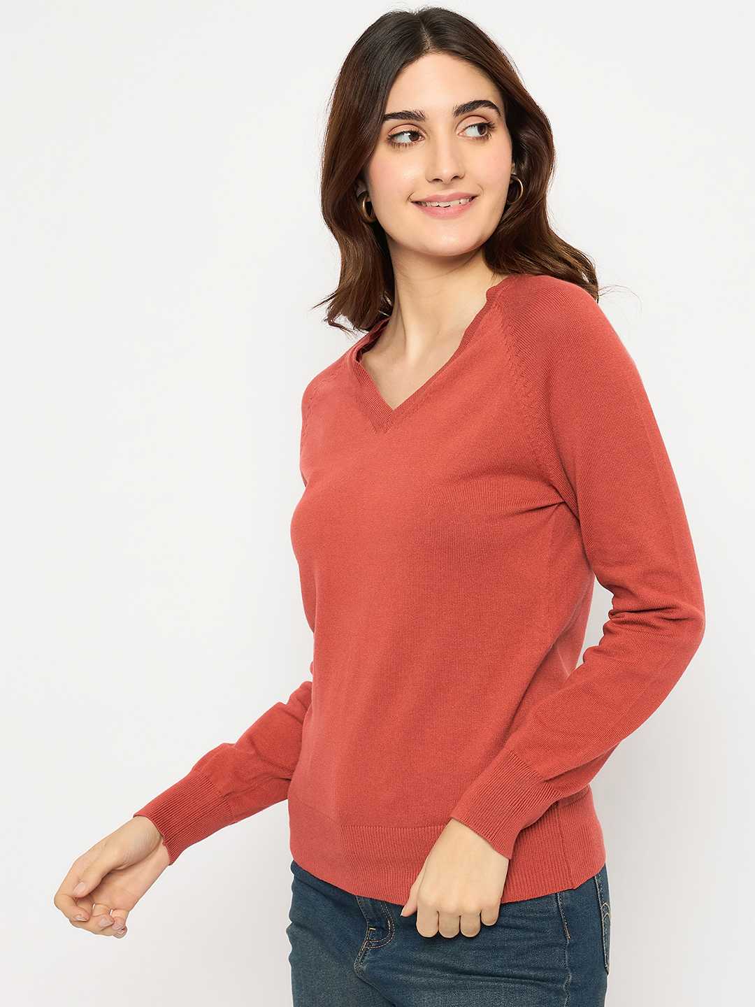 Madame V Neck Skinny Fit Rust Red Sweater - Image 5
