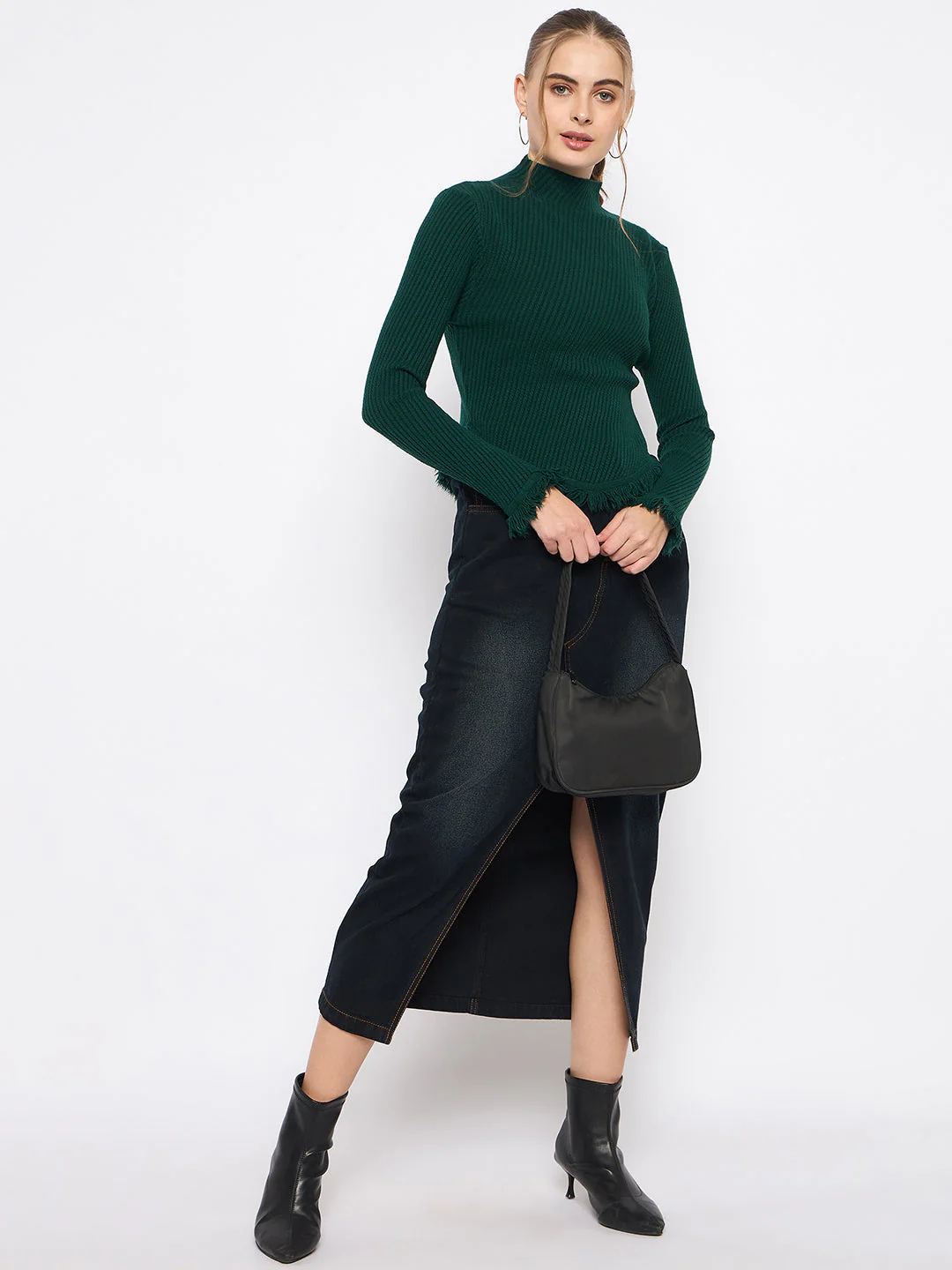 Madame Fringe Hem Mock Neck Green Sweater