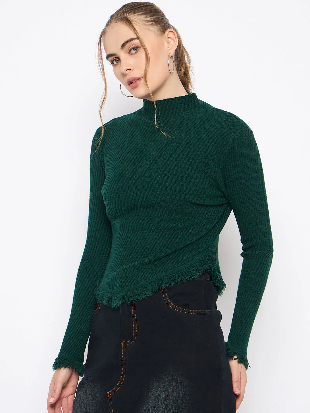Madame Fringe Hem Mock Neck Green Sweater - Image 5