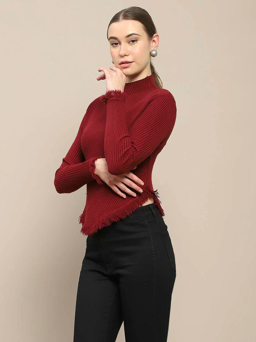 Madame Fur Cuffs and Hem Wine Red Sweater - Image 4