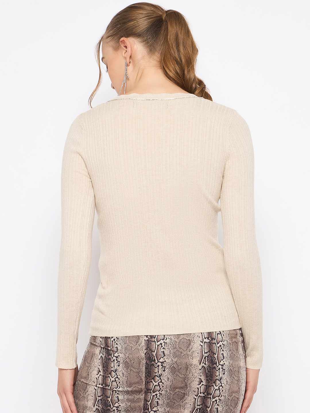 Madame Scalloped Neck Solid Beige Sweater - Image 6