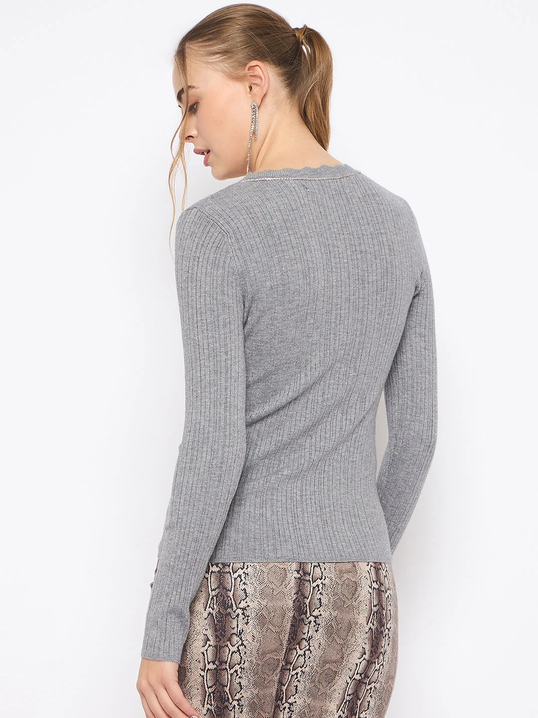Madame Scalloped Neck Solid Grey Sweater - Image 6