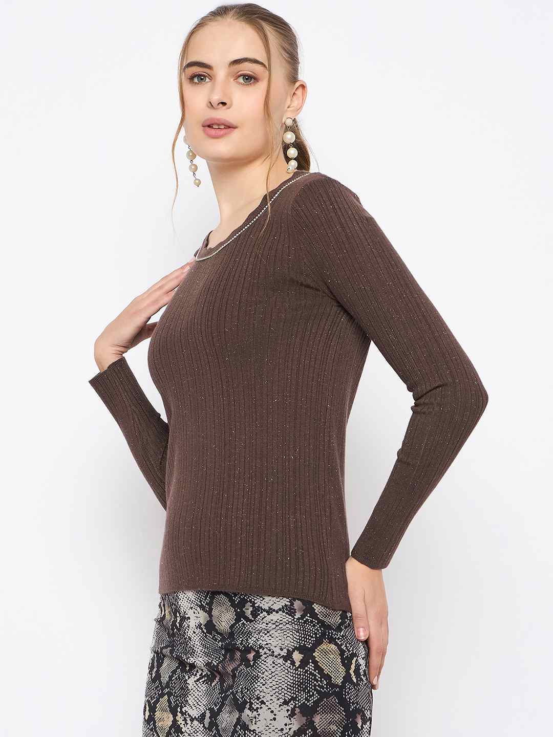 Madame Scalloped Neck Solid Brown Sweater - Image 5