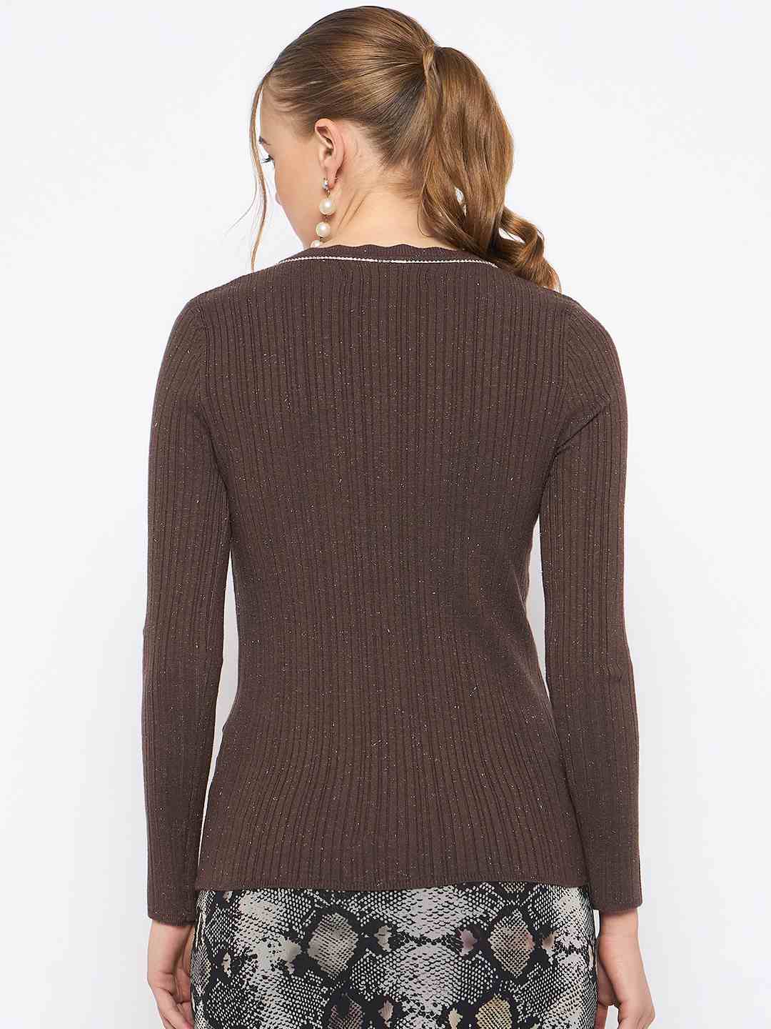 Madame Scalloped Neck Solid Brown Sweater - Image 6