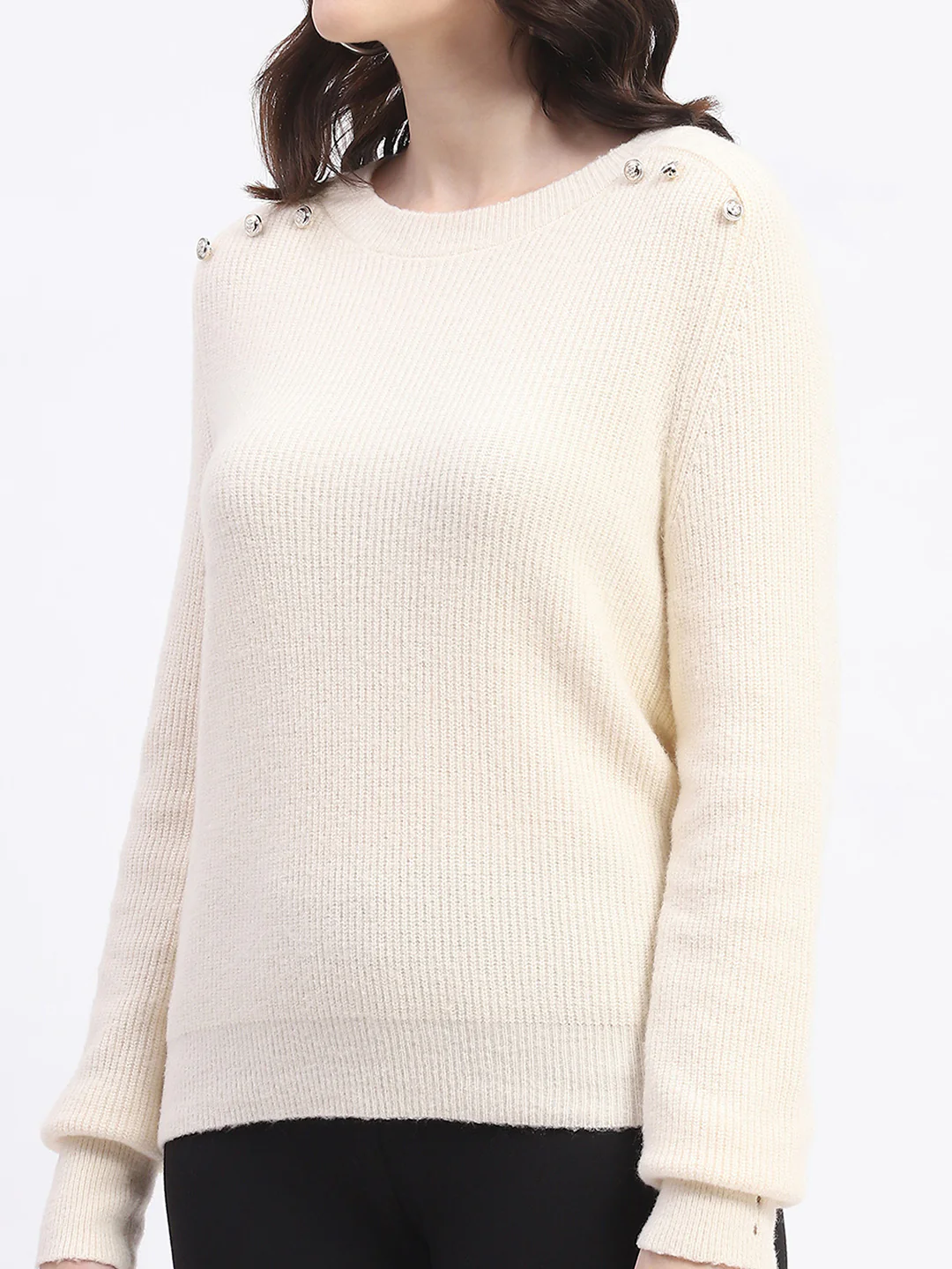 Madame Button Detailed Solid Beige Knitted Sweater - Image 6