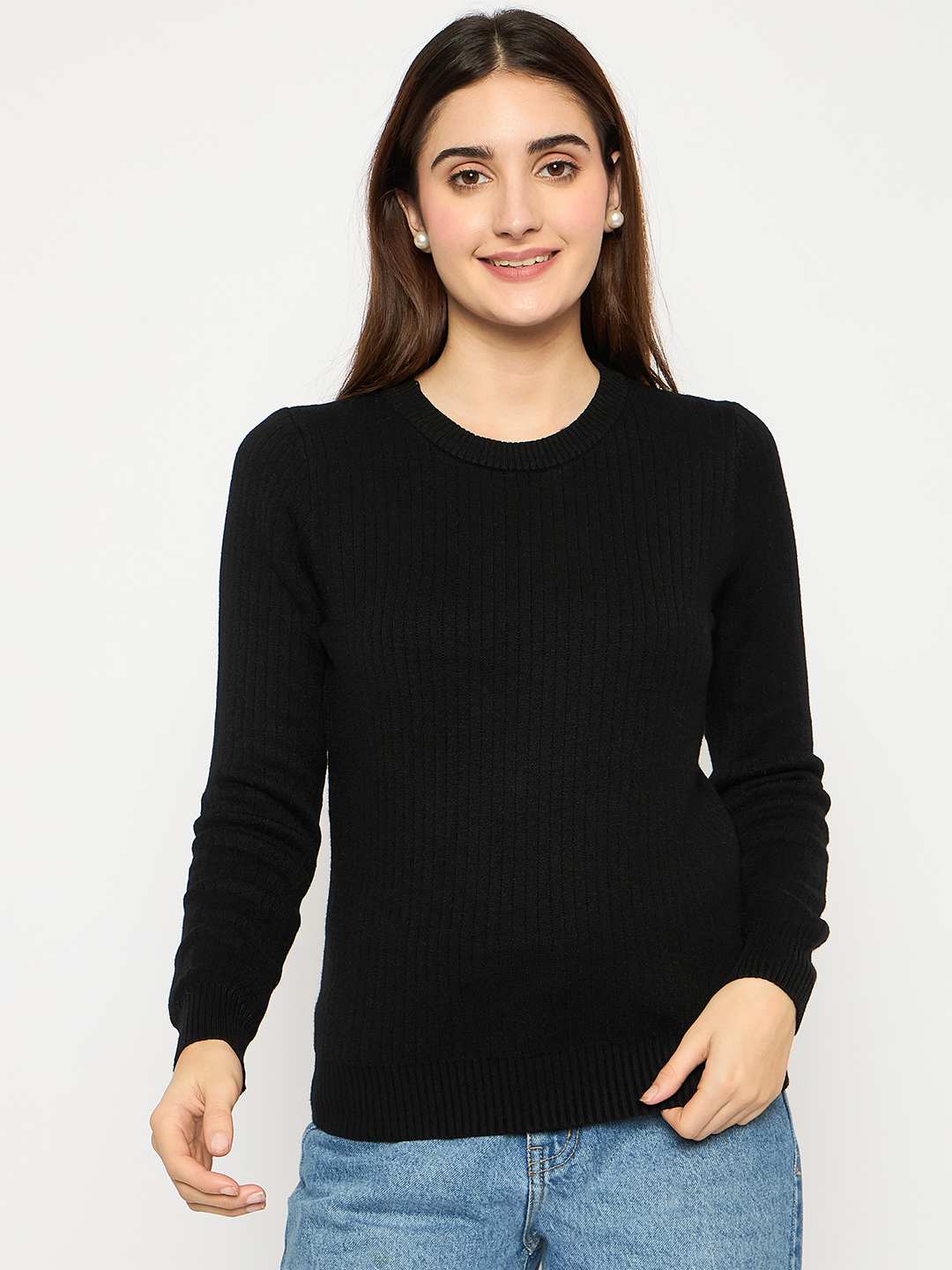 Madame Ribbed Cuffs Round Neck Black Sweater - Image 3